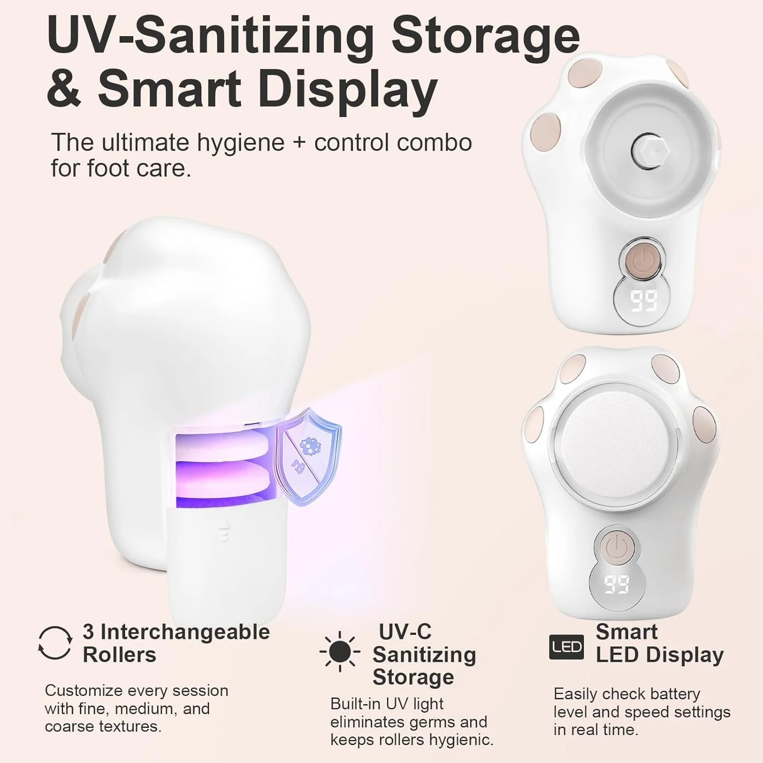 سوهان برقی پینه پا - سوهان پای شارژی طرح پنجه گربه با 3 سری غلتکی، نمایشگر دیجیتال، 3 سرعت و نورپردازی - پدیکور ملایم برای پوست مرده، پینه ها و پاشنه های خشک سوهان برقی پینه پا - سوهان پای شارژی طرح پنجه گربه با 3 سری غلتکی، نمایشگر دیجیتال، 3 سرعت و نورپردازی - پدیکور ملایم برای پوست مرده، پینه ها و پاشنه های خشک