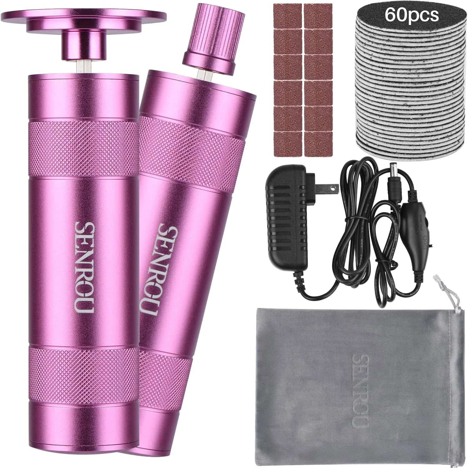 سوهان برقی پدیکور پا، سوهان برقی 2 در 1 پا/سوهان ناخن، از بین برنده پینه پا با 60 عدد + 12 عدد دیسک سمباده، ابزار ترمیم پا، صورتی