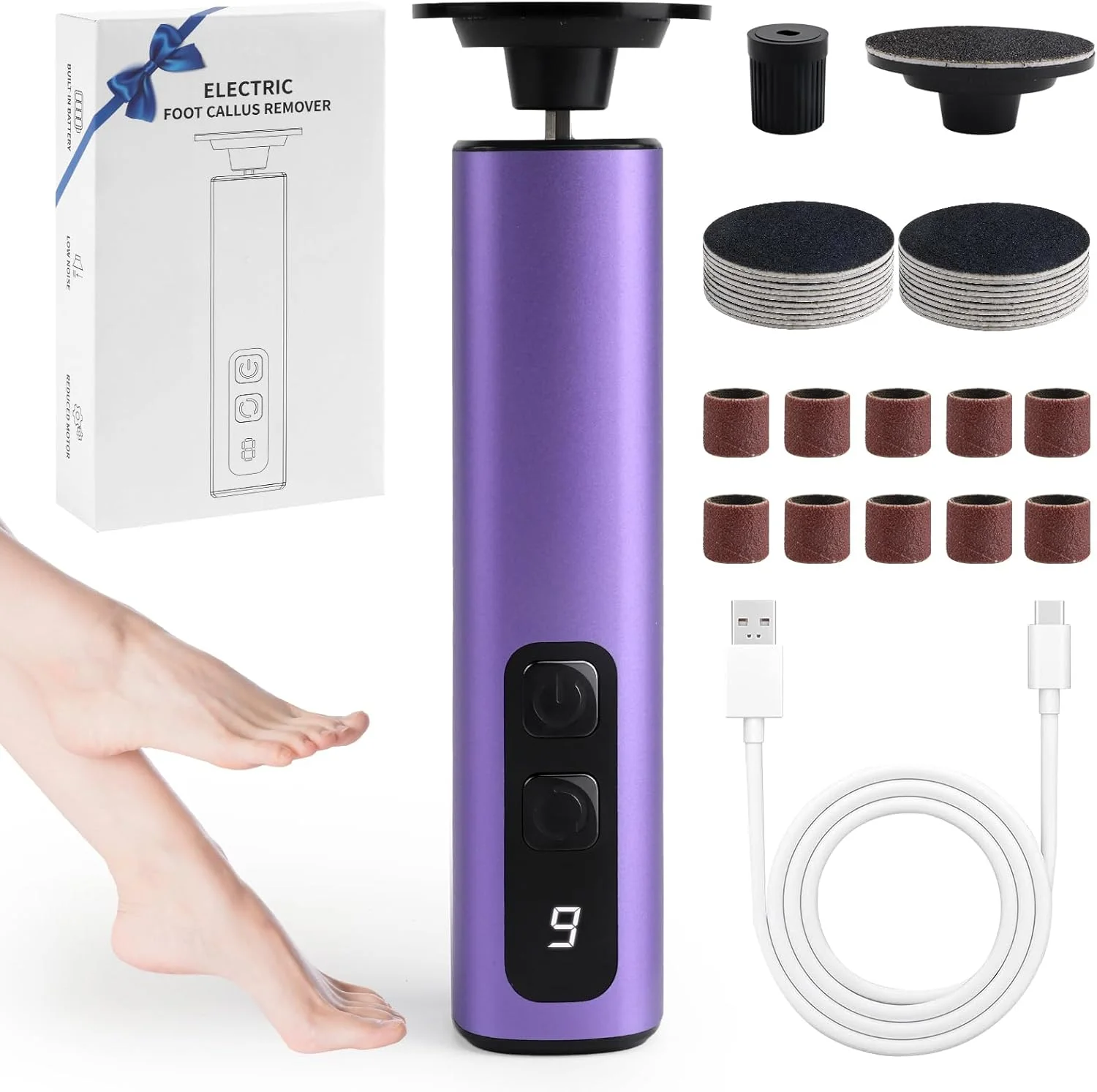 سوهان برقی پا، از بین برنده پوست سخت، دستگاه سنگ پای برقی 2 در 1 با 9 سرعت قابل تنظیم و دیسک سنباده جایگزین، از بین برنده پینه برقی پا، ابزار پدیکور پا برای پوست مرده