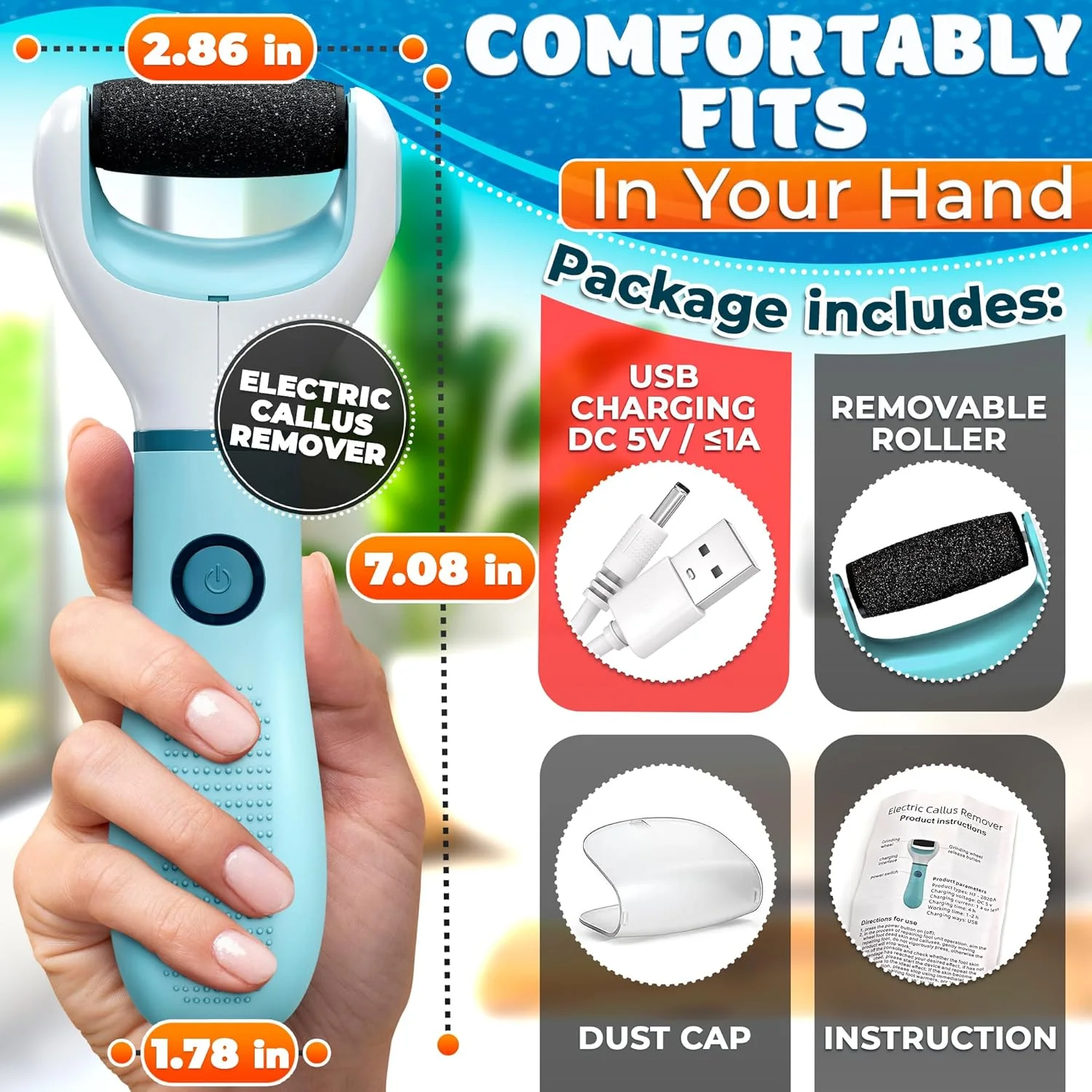 ابزار برقی شارژی از بین برنده پینه پا - سمباده برقی پا با سرعت بالا 2800 دور در دقیقه با غلتک قابل تعویض - جمع و جور و نگهداری آسان، تا 1 ساعت زمان کارکرد برای داشتن پاهایی صاف