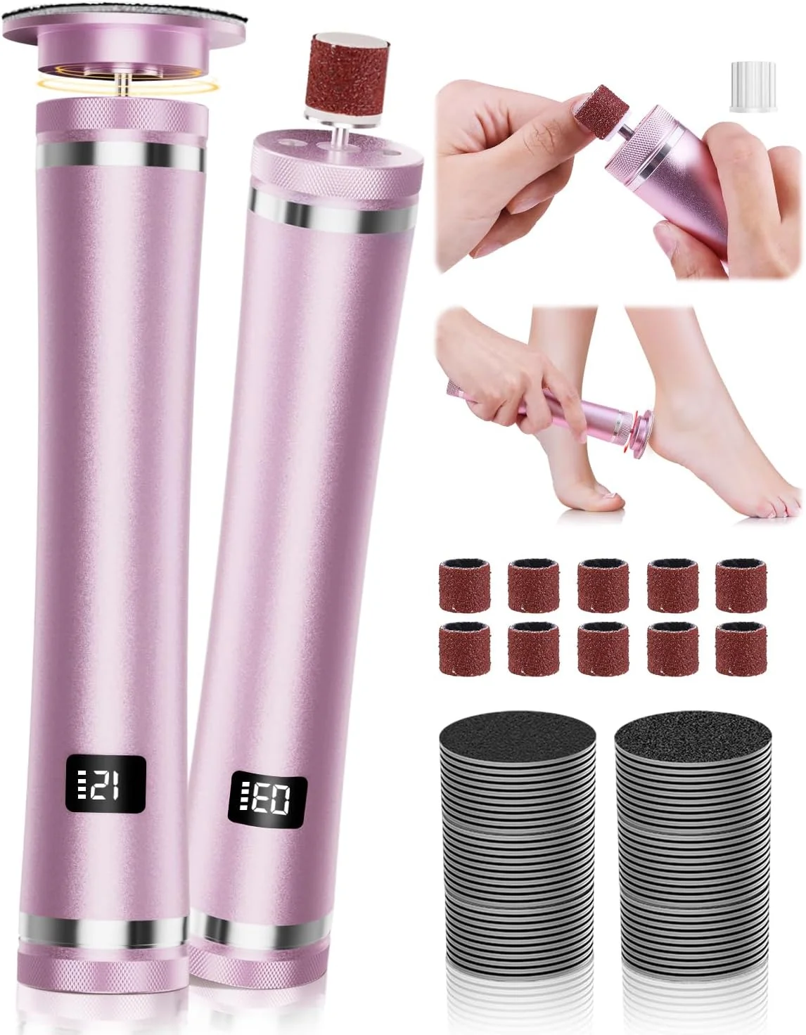 سوهان برقی پا، دستگاه ۲ در ۱ قابل شارژ برای از بین بردن پینه پا، دارای ۱۲ سرعت قابل تنظیم به همراه ۷۰ عدد دیسک سمباده برای مراقبت از ناخن/از بین بردن پینه های پوست مرده، صورتی