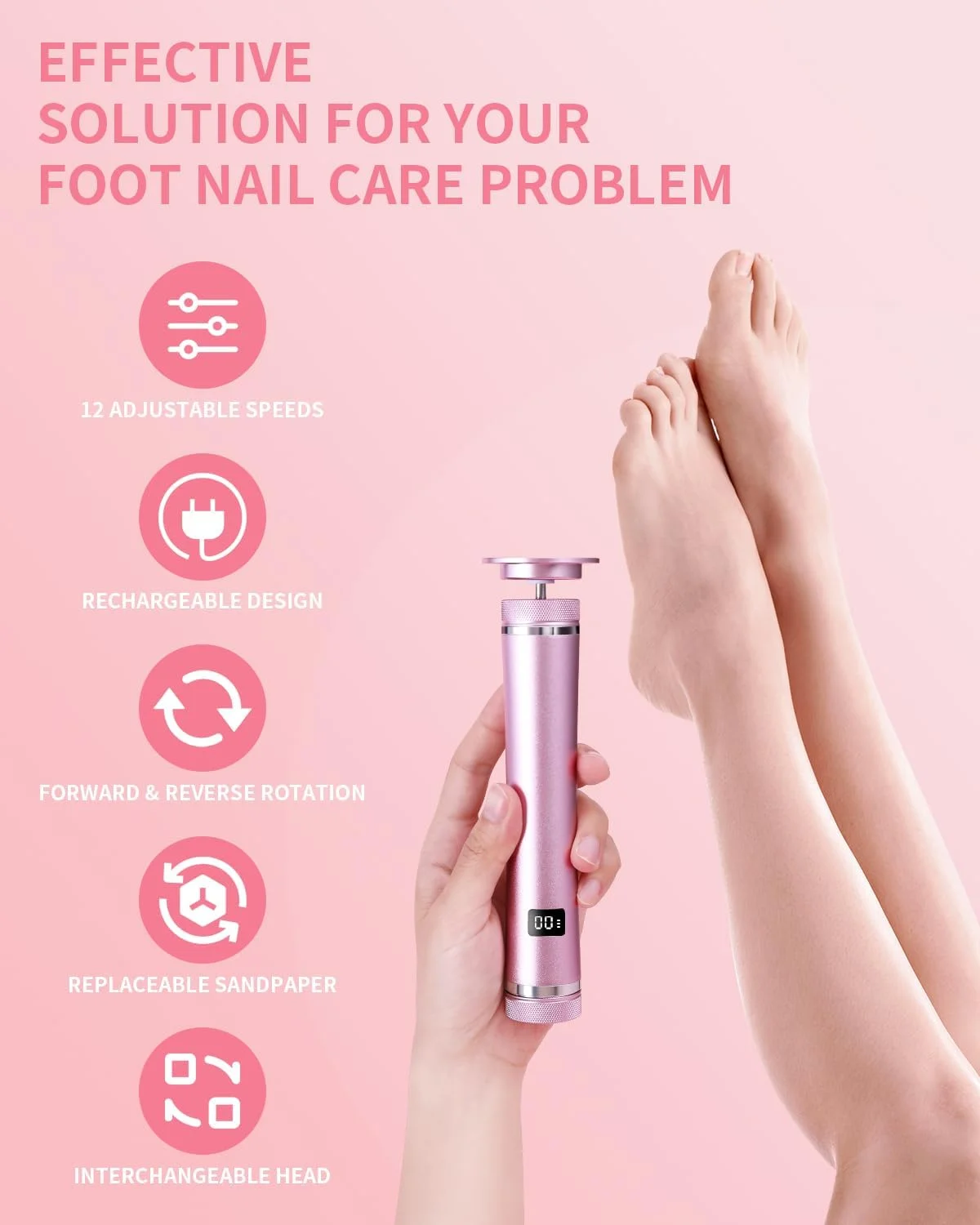 سوهان برقی پا، دستگاه ۲ در ۱ قابل شارژ برای از بین بردن پینه پا، دارای ۱۲ سرعت قابل تنظیم به همراه ۷۰ عدد دیسک سمباده برای مراقبت از ناخن/از بین بردن پینه های پوست مرده، صورتی