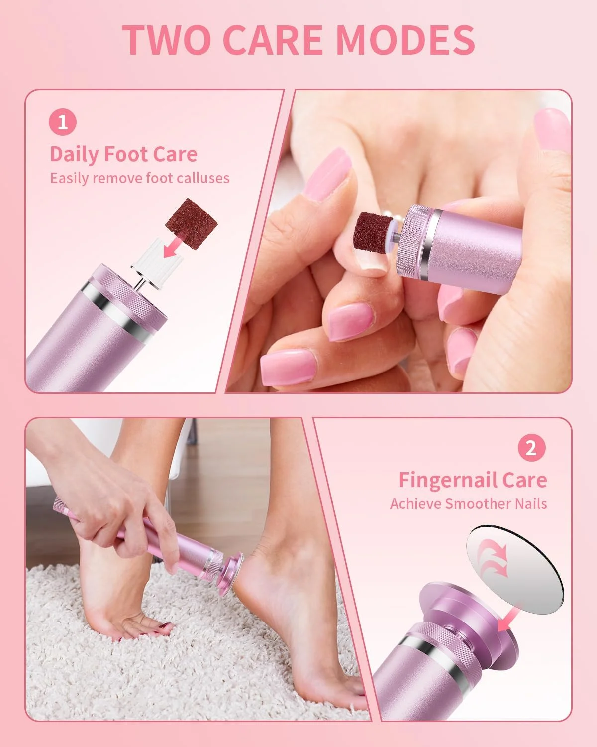 سوهان برقی پا، دستگاه ۲ در ۱ قابل شارژ برای از بین بردن پینه پا، دارای ۱۲ سرعت قابل تنظیم به همراه ۷۰ عدد دیسک سمباده برای مراقبت از ناخن/از بین بردن پینه های پوست مرده، صورتی