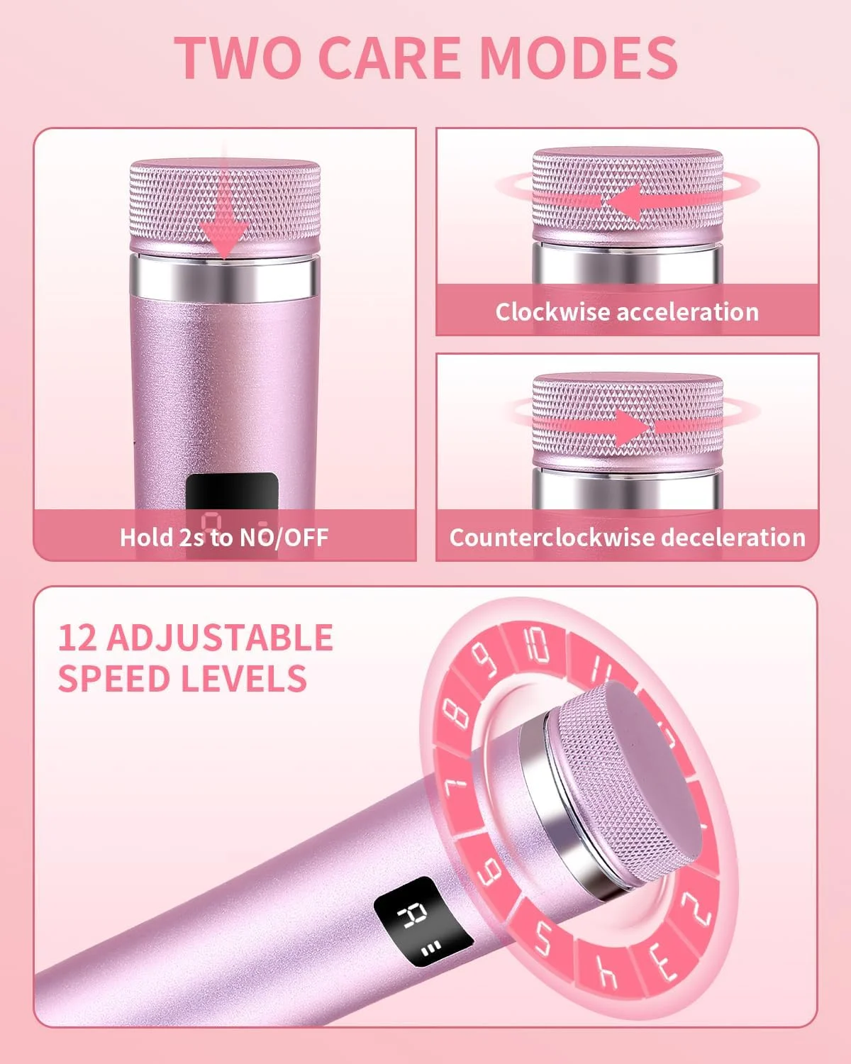 سوهان برقی پا، دستگاه ۲ در ۱ قابل شارژ برای از بین بردن پینه پا، دارای ۱۲ سرعت قابل تنظیم به همراه ۷۰ عدد دیسک سمباده برای مراقبت از ناخن/از بین بردن پینه های پوست مرده، صورتی