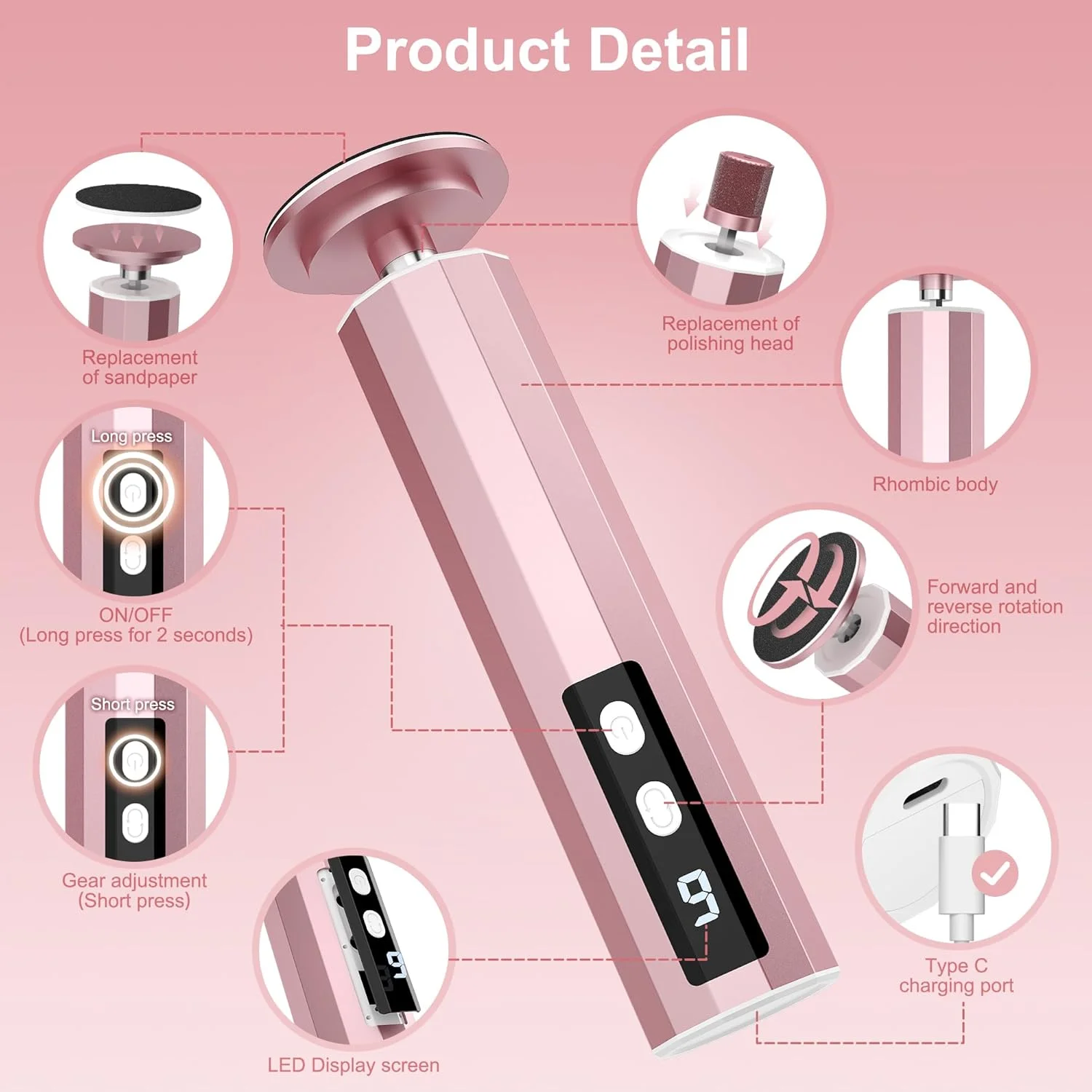 سوهان برقی پا، سوهان شارژی 2 در 1 برای از بین بردن پینه پا و ناخن، سوهان پینه با کنترل 9 سرعته به همراه 60 دیسک سمباده، ابزار پدیکور بی سیم برای