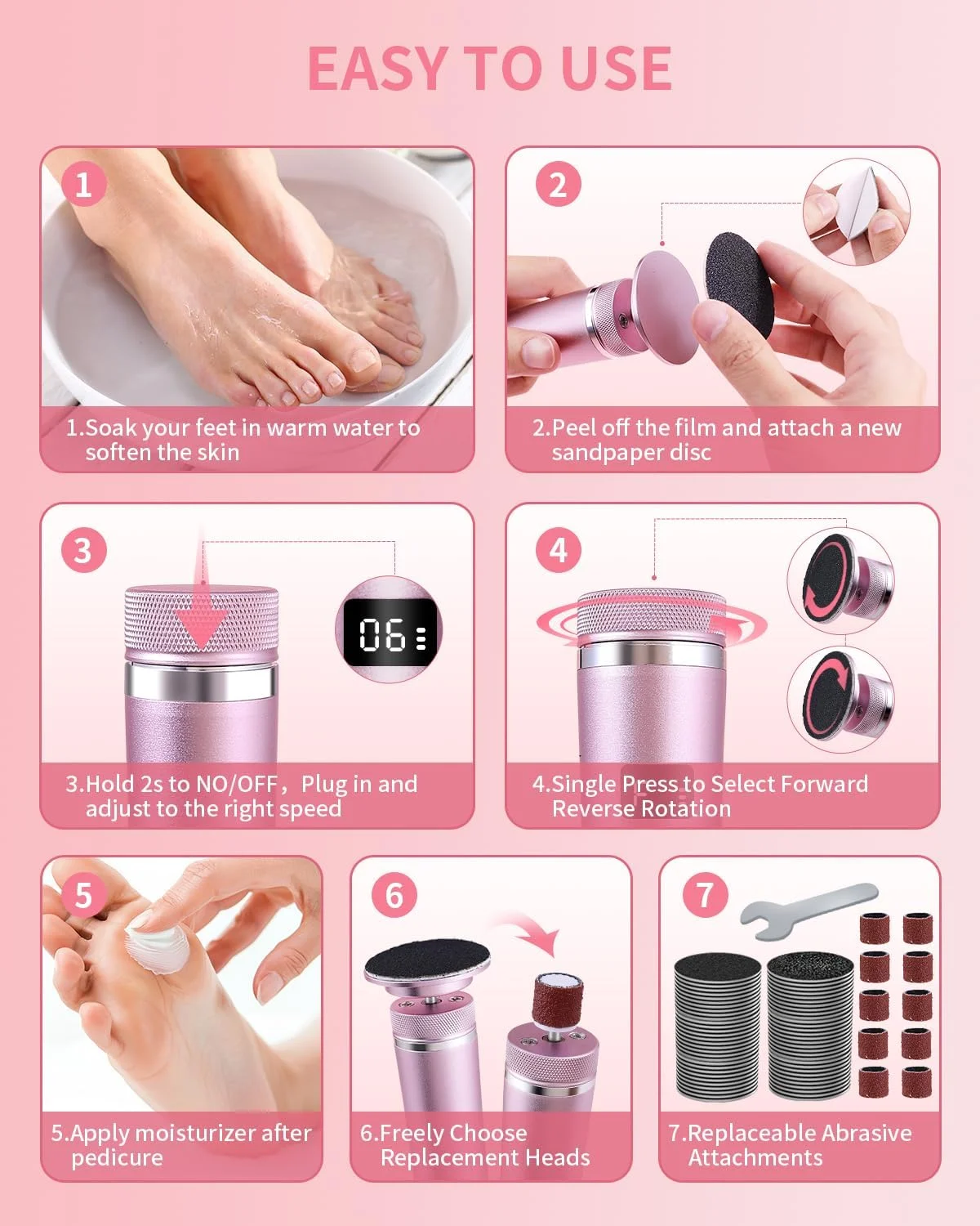 سوهان برقی پا، دستگاه ۲ در ۱ قابل شارژ برای از بین بردن پینه پا، دارای ۱۲ سرعت قابل تنظیم به همراه ۷۰ عدد دیسک سمباده برای مراقبت از ناخن/از بین بردن پینه های پوست مرده، صورتی