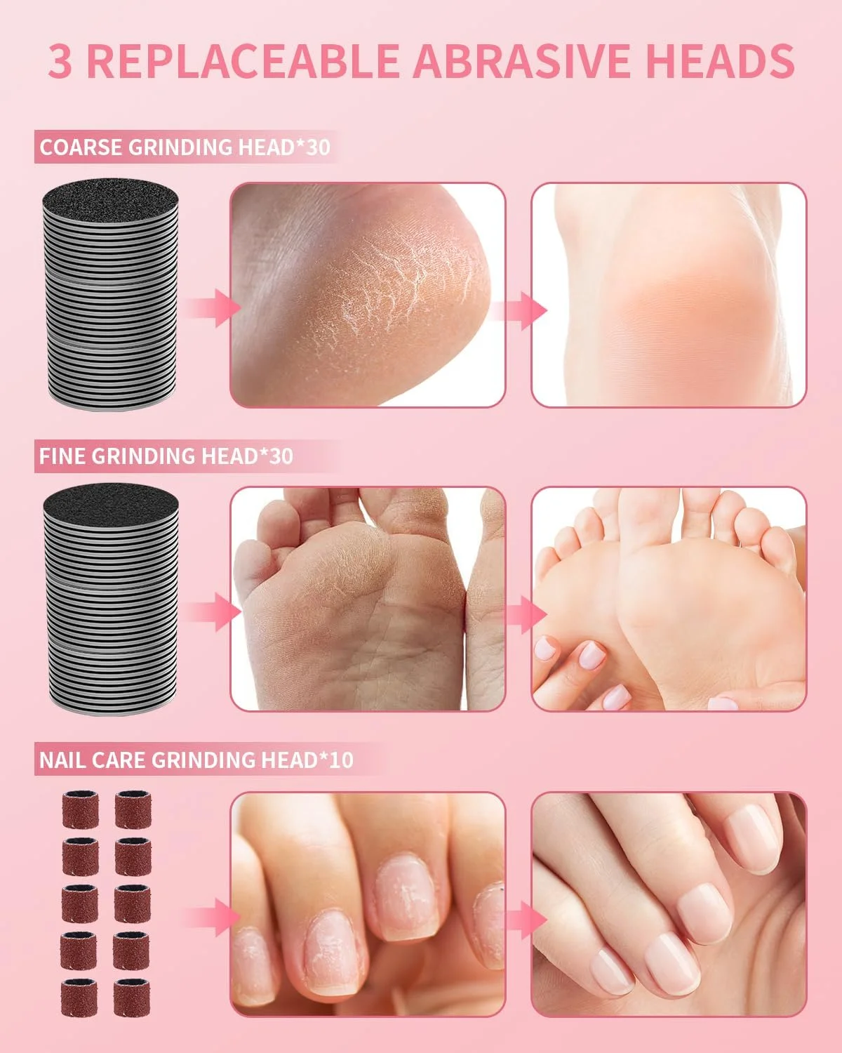 سوهان برقی پا، دستگاه ۲ در ۱ قابل شارژ برای از بین بردن پینه پا، دارای ۱۲ سرعت قابل تنظیم به همراه ۷۰ عدد دیسک سمباده برای مراقبت از ناخن/از بین بردن پینه های پوست مرده، صورتی