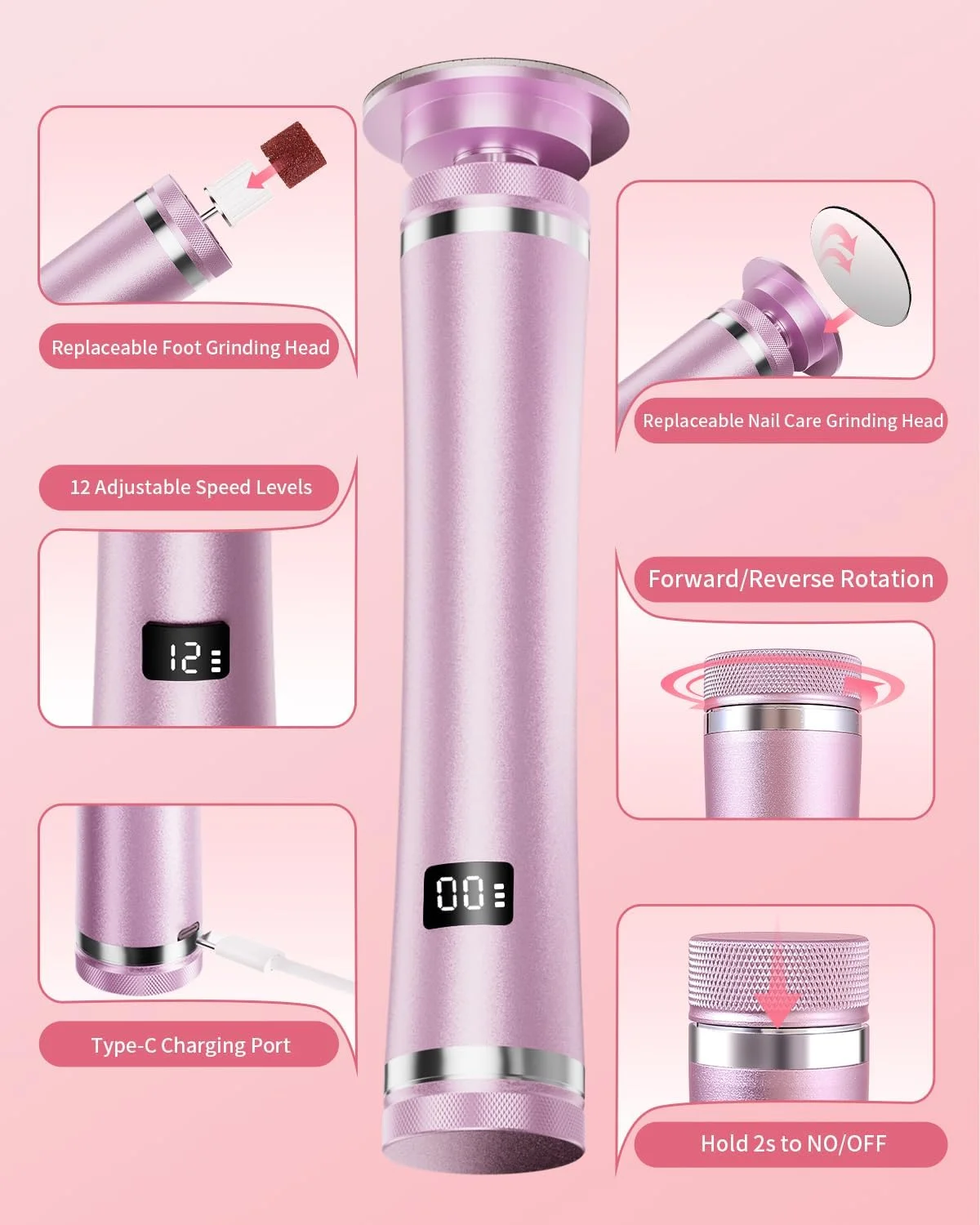 سوهان برقی پا، دستگاه ۲ در ۱ قابل شارژ برای از بین بردن پینه پا، دارای ۱۲ سرعت قابل تنظیم به همراه ۷۰ عدد دیسک سمباده برای مراقبت از ناخن/از بین بردن پینه های پوست مرده، صورتی