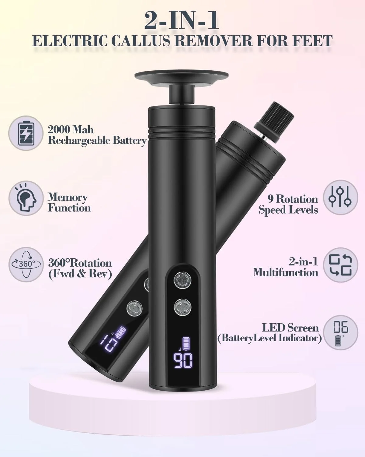 سوهان برقی پا، 6 سرعته، سوهان پا و سنگ ناخن 2 در 1، سمباده برقی پا شارژی با دیسک های سمباده و مته، رزگلد