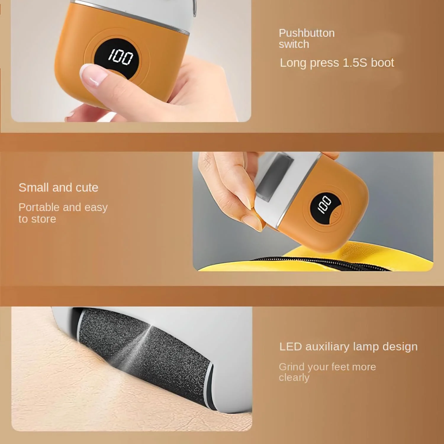 سوهان برقی پدیکور پا مدل 2025، اسکرابر و فایل پا، از بین برنده پوست مرده پا، سمباده پا، از بین برنده زگیل کف پا، تراشنده پینه پا (نارنجی)