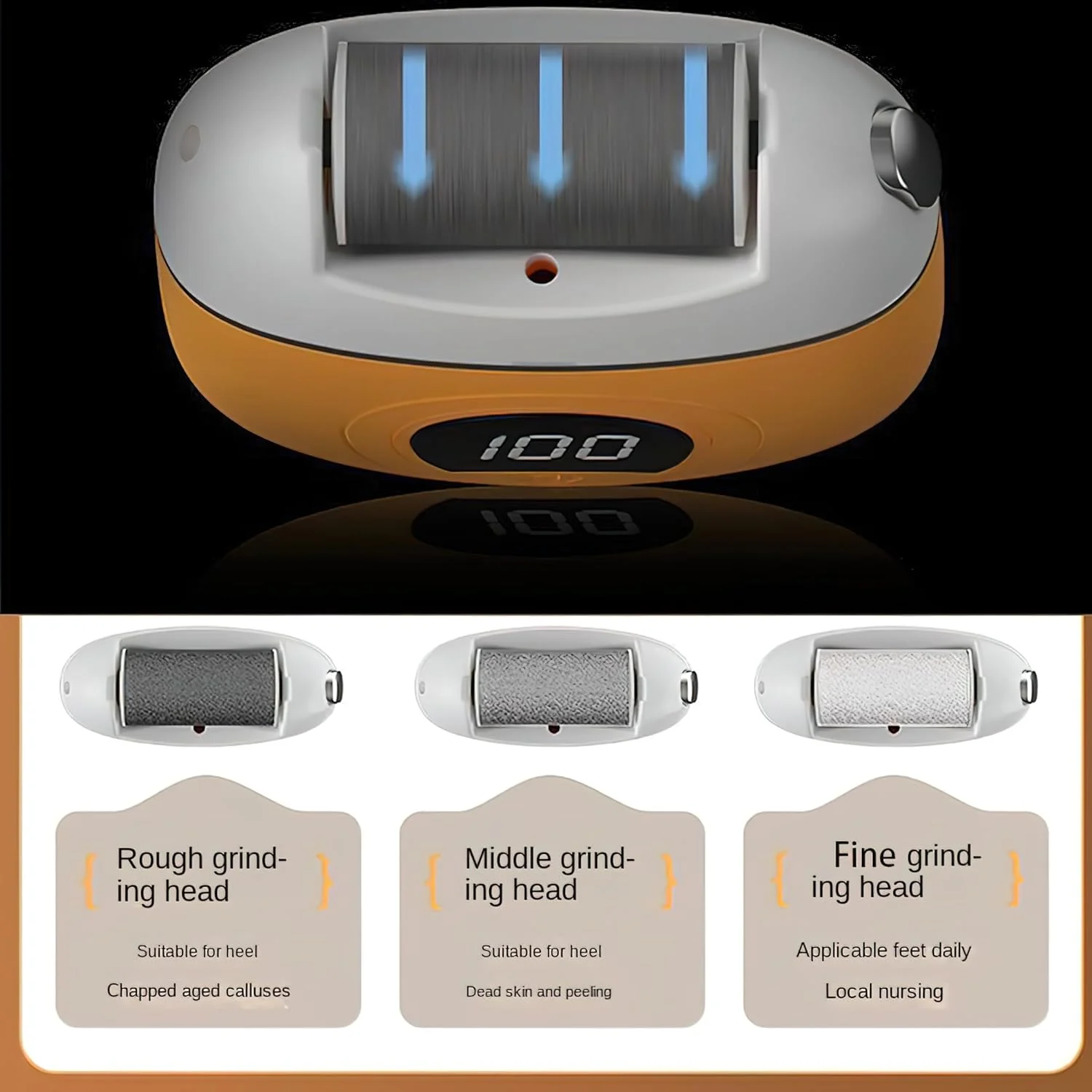سوهان برقی پدیکور پا مدل 2025، اسکرابر و فایل پا، از بین برنده پوست مرده پا، سمباده پا، از بین برنده زگیل کف پا، تراشنده پینه پا (نارنجی)