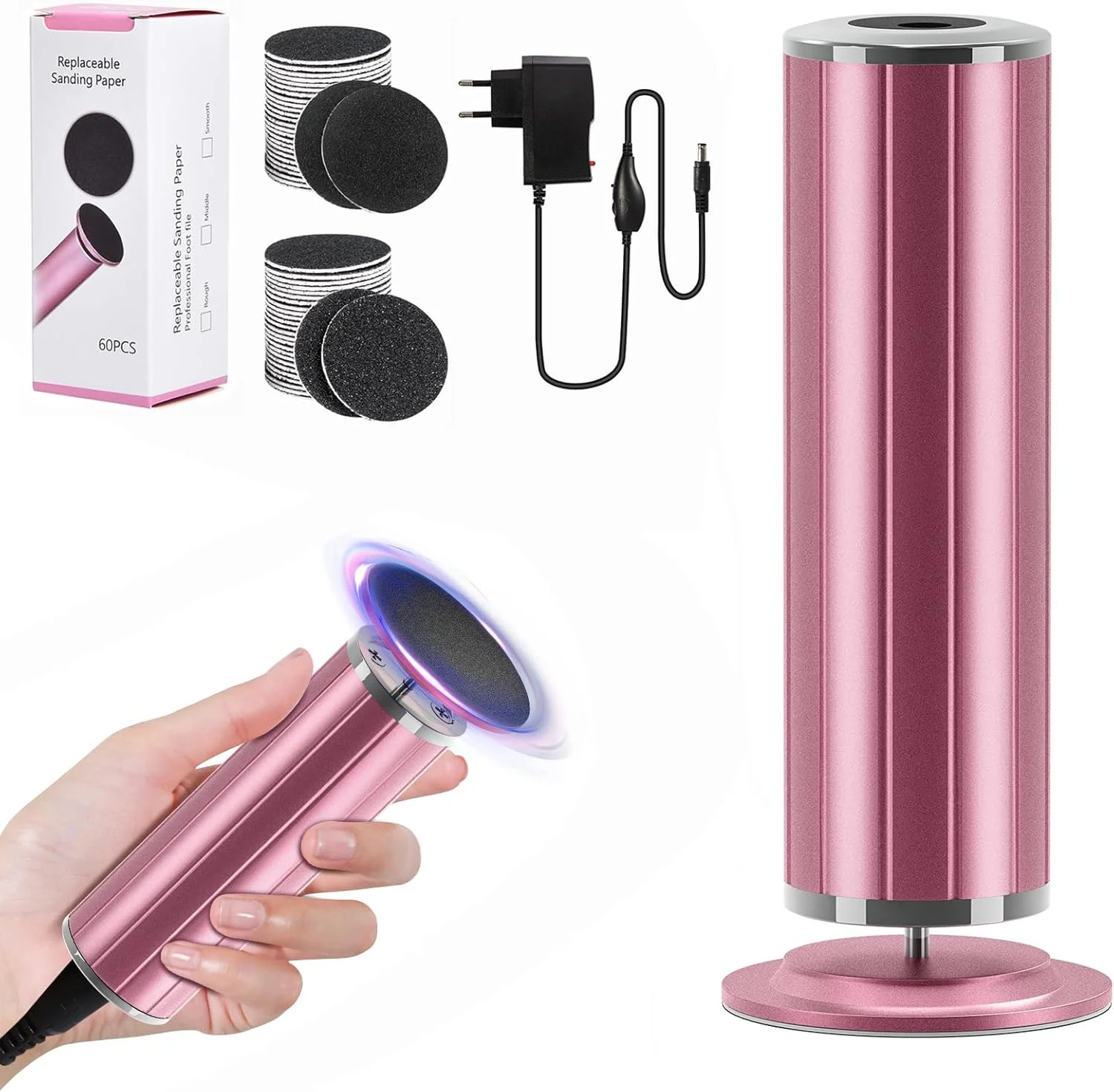 سوهان برقی پا برای از بین بردن پینه با 60 پد سمباده، ساخته شده از آلومینیوم، کنترل سرعت پیوسته - دستگاه حرفه ای پدیکور، سوهان برقی پا برای پوست های مرده، سخت و ترک خورده