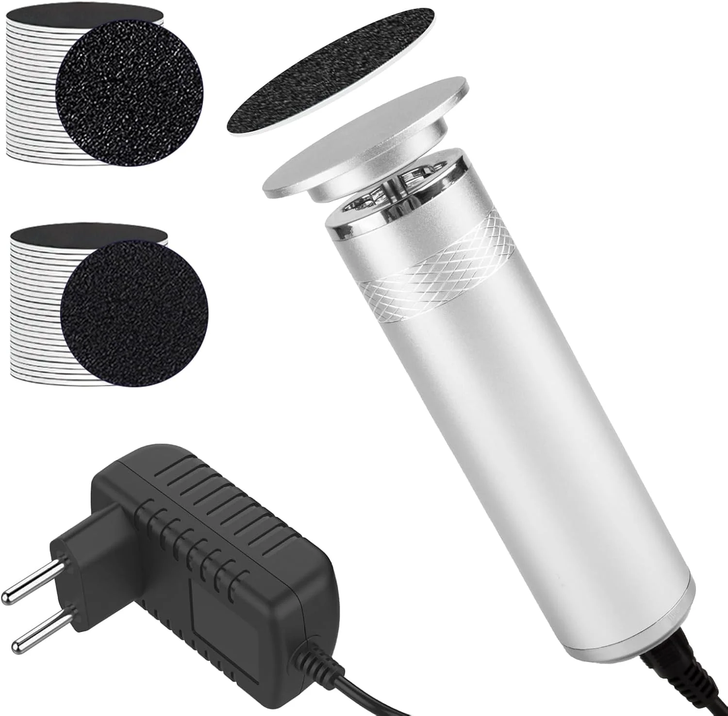 سوهان برقی پینه پا، سوهان پینه پا Foot Glow با 60 پد تعویضی، سوهان پینه پا، برنده تست الکتریکی، سرعت قابل تنظیم، 36 وات برای پوست مرده ترک خورده (نقره ای)