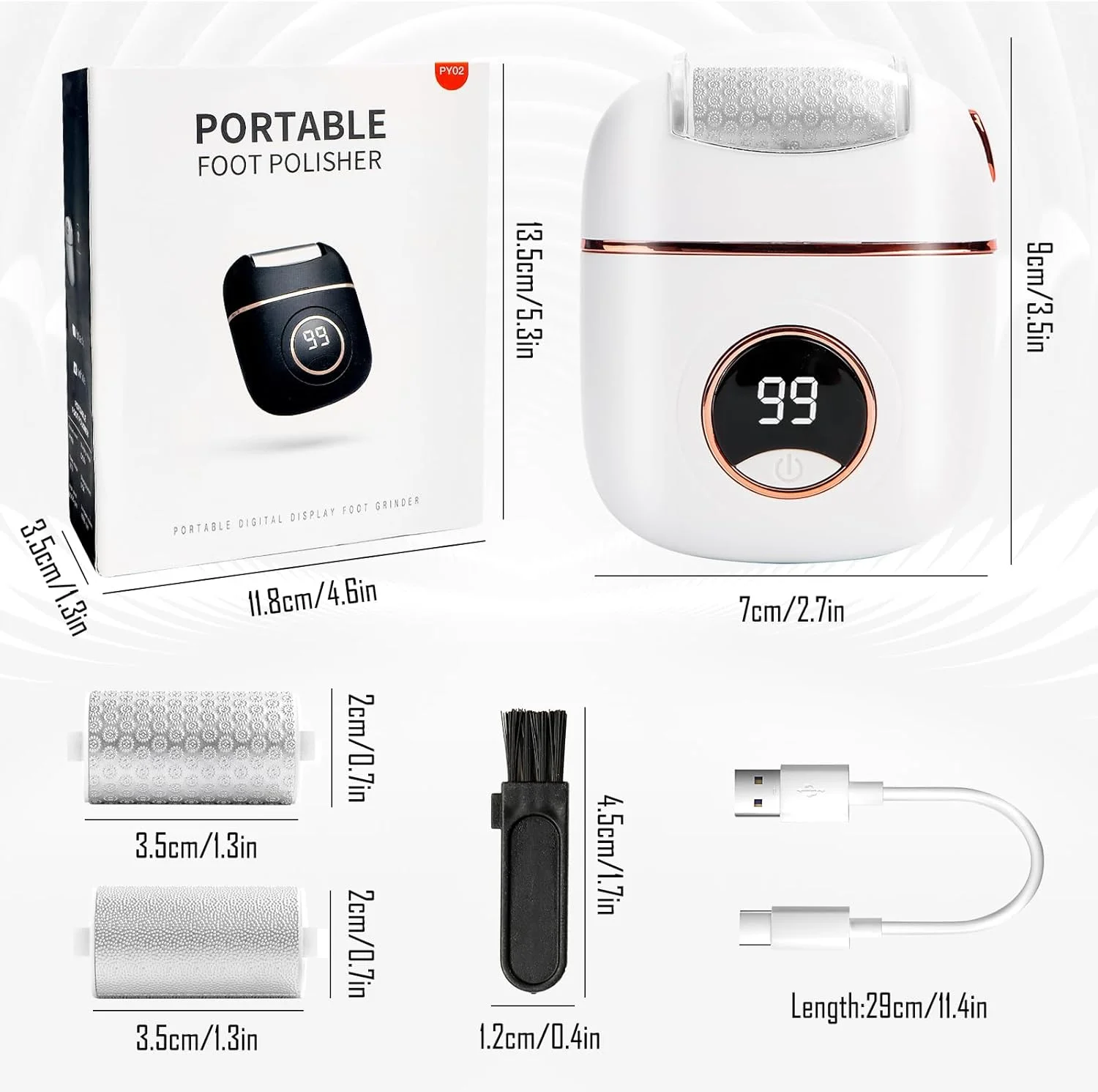 سوهان برقی پا، از بین برنده پینه پا، ست پدیکور، مراقبت برقی پا، از بین برنده پینه با 2 غلتک پا، دارای صفحه نمایش کریستال مایع، چراغ کار، قابل شارژ (سفید)