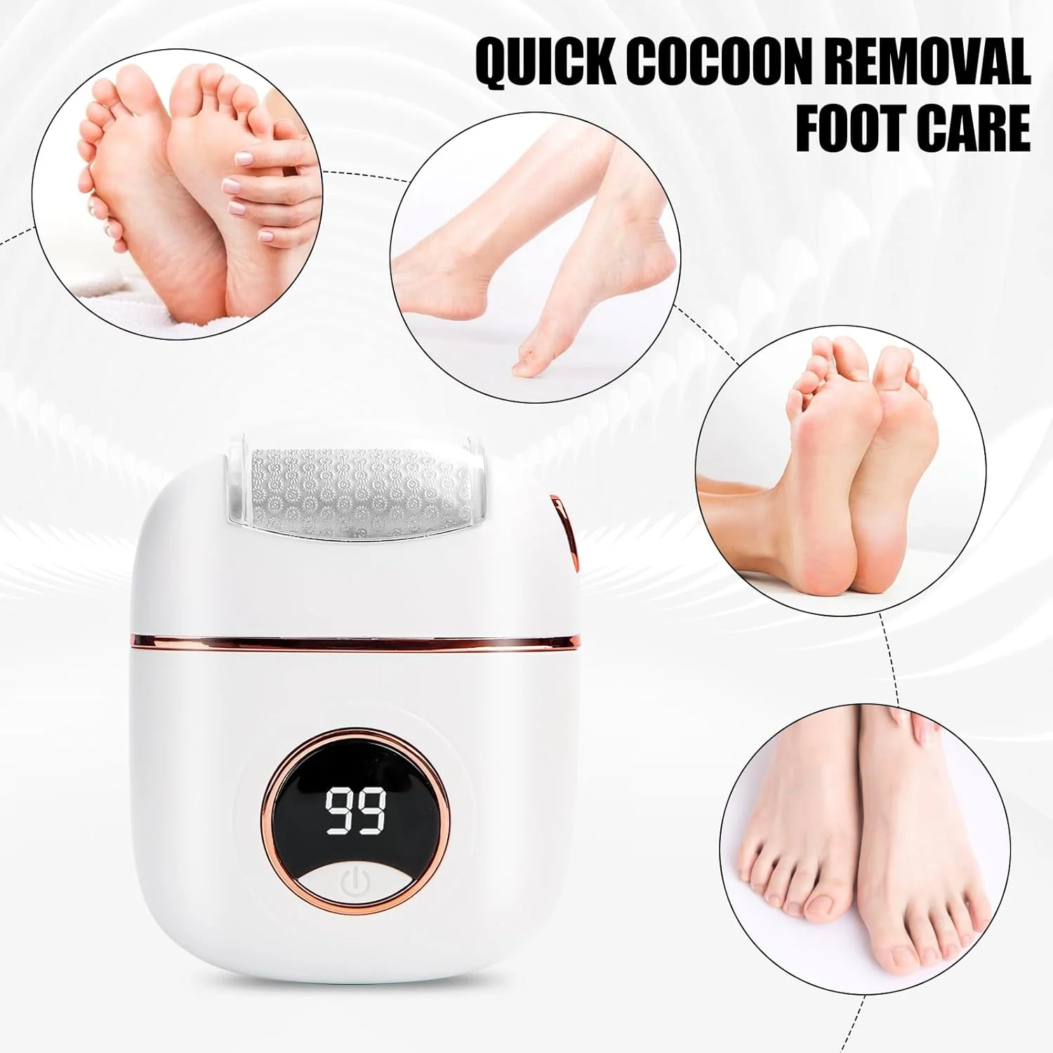 سوهان برقی پا، از بین برنده پینه پا، ست پدیکور، مراقبت برقی پا، از بین برنده پینه با 2 غلتک پا، دارای صفحه نمایش کریستال مایع، چراغ کار، قابل شارژ (سفید)
