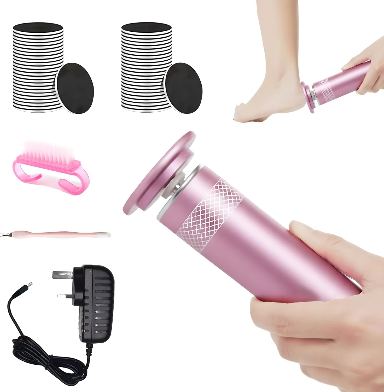 سوهان برقی پینه پا SUUFRUE، سوهان برقی پا با 60 پد تعویضی، برس تمیز کننده و عقب زننده کوتیکول، سرعت مداوم، عملکرد با برق مستقیم، ست پدیکور برای پاشنه های ترک خورده و پینه ها