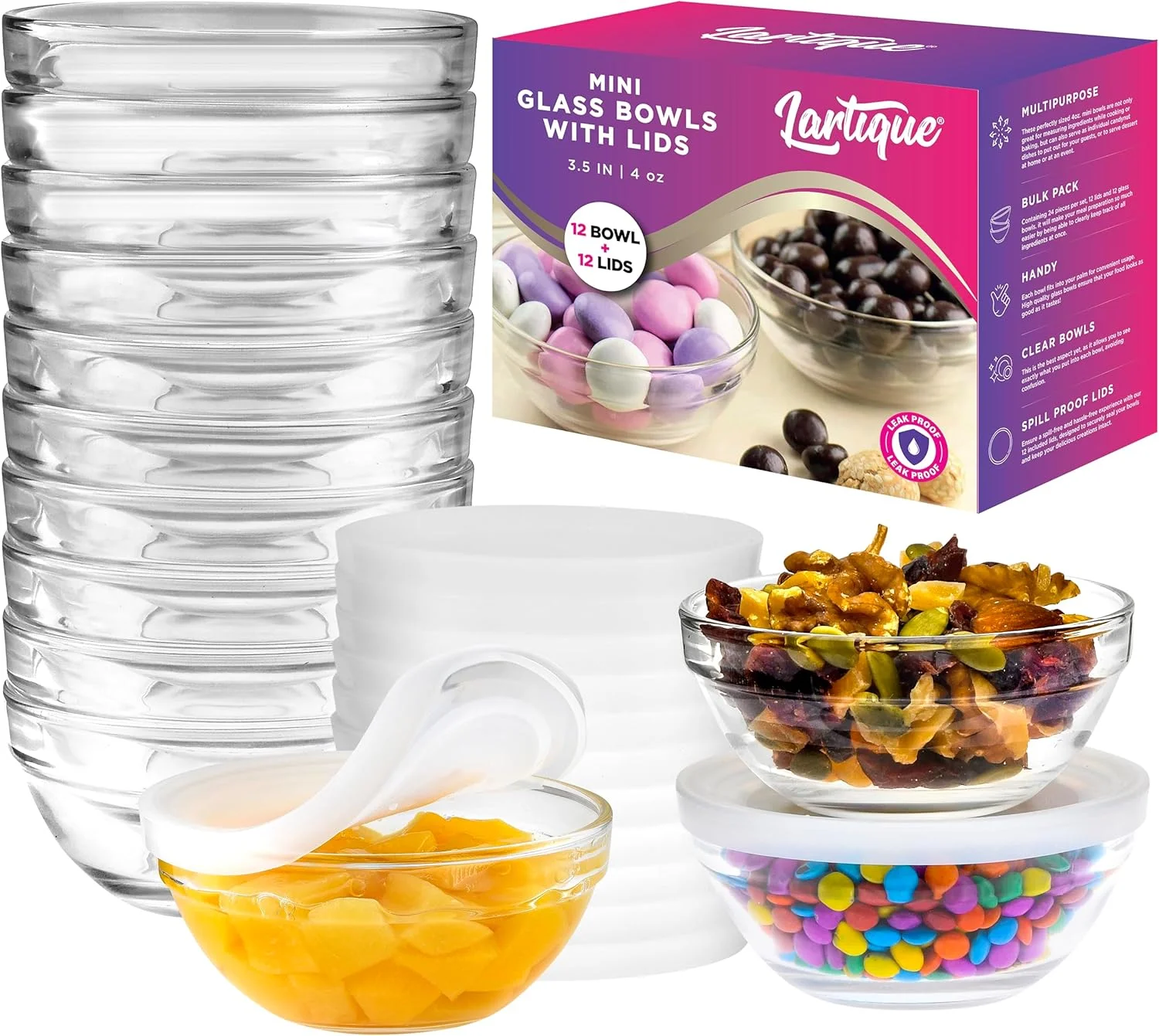کاسه های شیشه ای کوچک 3.5 اینچی Lartique Mini با درب - کاسه های کوچک مناسب برای آماده سازی، دیپ، آجیل یا آبنبات - کاسه های آماده سازی غذا یا کاسه های دسر، مجموعه 12 عددی کاسه های شیشه ای کوچک 3.5 اینچی Lartique Mini با درب - کاسه های کوچک مناسب برای آماده سازی، دیپ، آجیل یا آبنبات - کاسه های آماده سازی غذا یا کاسه های دسر، مجموعه 12 عددی