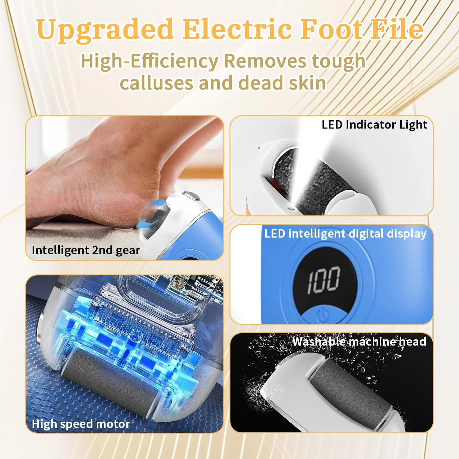 سوهان برقی پا FHNUVB، از بین برنده دیجیتالی پینه پا، سوهان برقی ضد آب و قابل شارژ، از بین برنده پینه برقی پا با 3 سری سنگ زنی 2 سرعته برای پوست خشک و مرده (آبی)