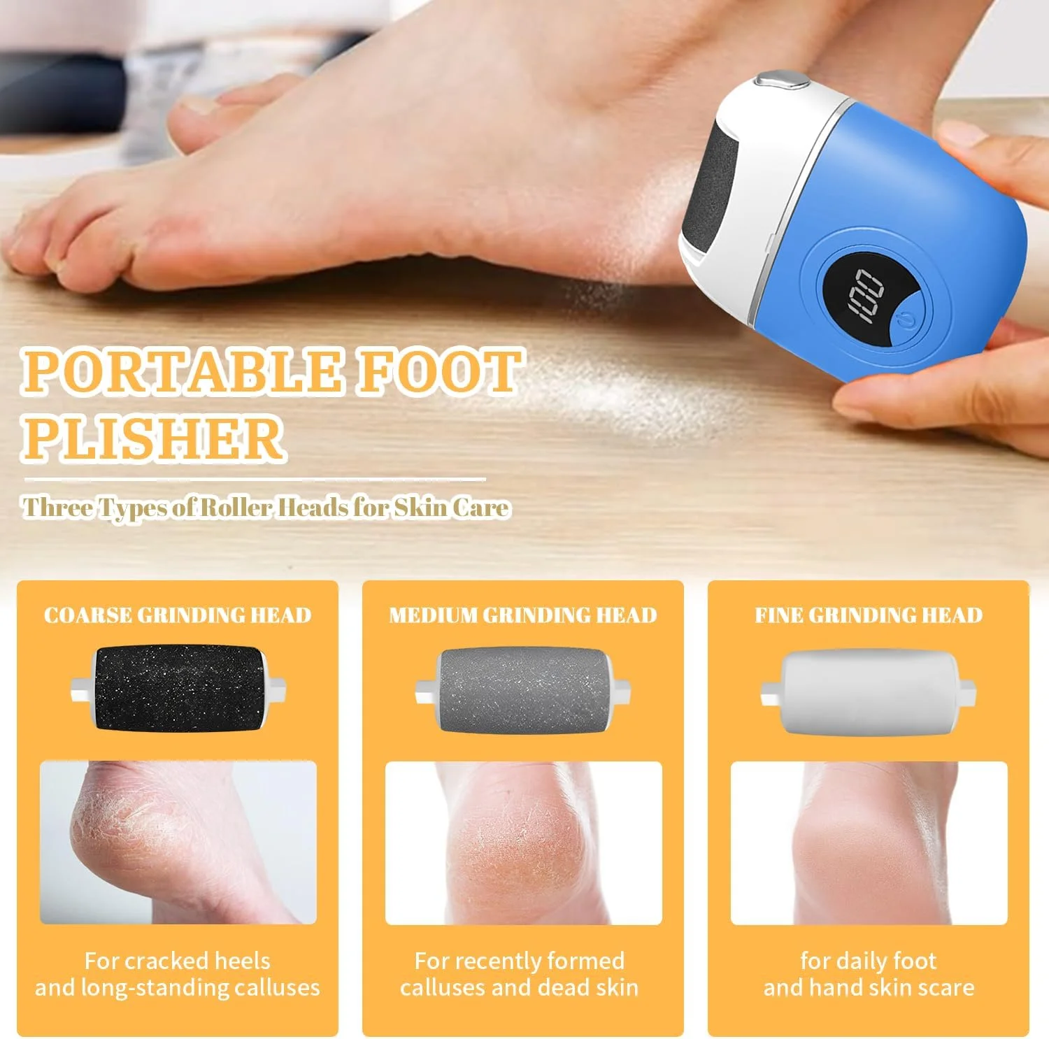 سوهان برقی پا FHNUVB، از بین برنده دیجیتالی پینه پا، سوهان برقی ضد آب و قابل شارژ، از بین برنده پینه برقی پا با 3 سری سنگ زنی 2 سرعته برای پوست خشک و مرده (آبی)