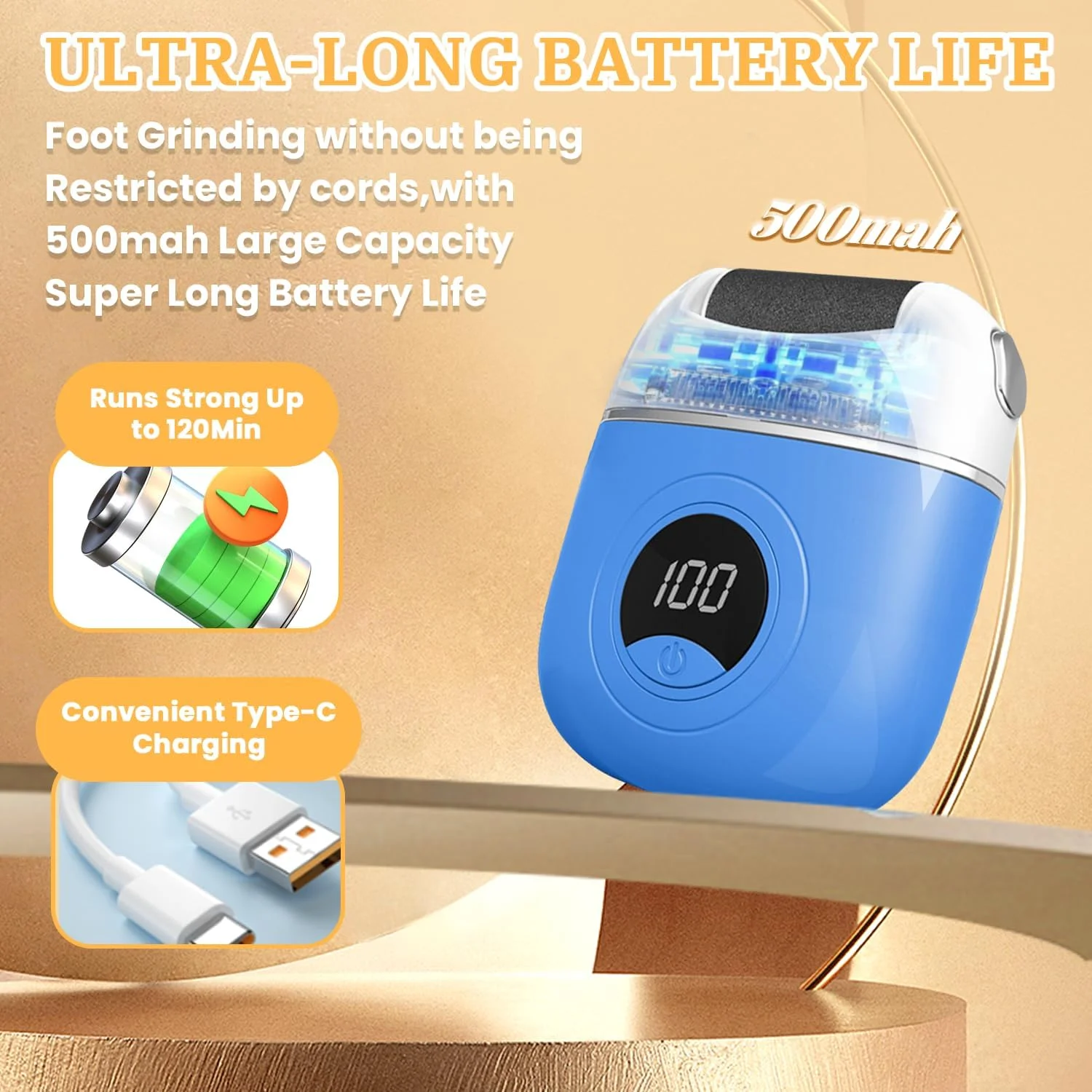 سوهان برقی پا FHNUVB، از بین برنده دیجیتالی پینه پا، سوهان برقی ضد آب و قابل شارژ، از بین برنده پینه برقی پا با 3 سری سنگ زنی 2 سرعته برای پوست خشک و مرده (آبی)