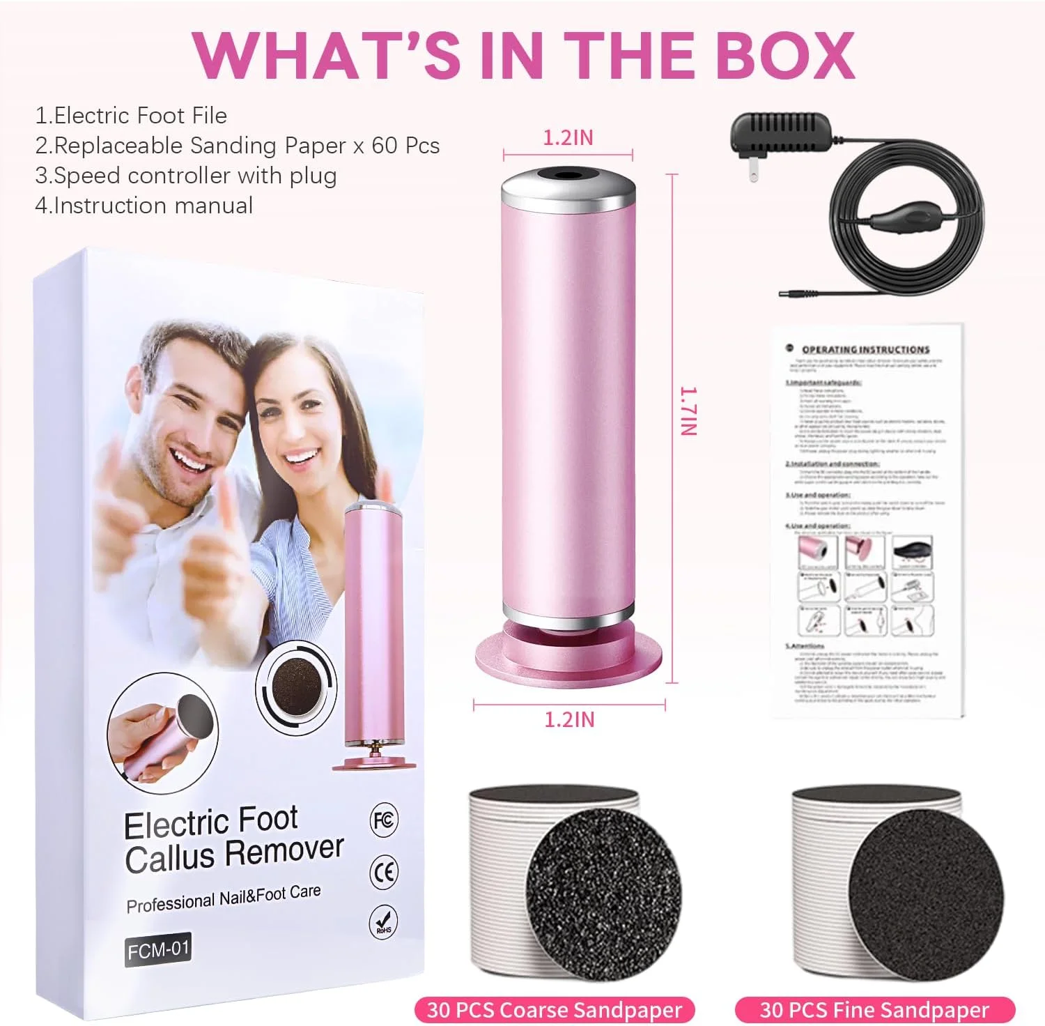 سوهان برقی پینه پا FHNUVB، سوهان برقی قدرتمند پا برای از بین بردن بدون درد پینه های حرفه ای پا، دارای 60 دیسک سمباده، سرعت قابل تنظیم