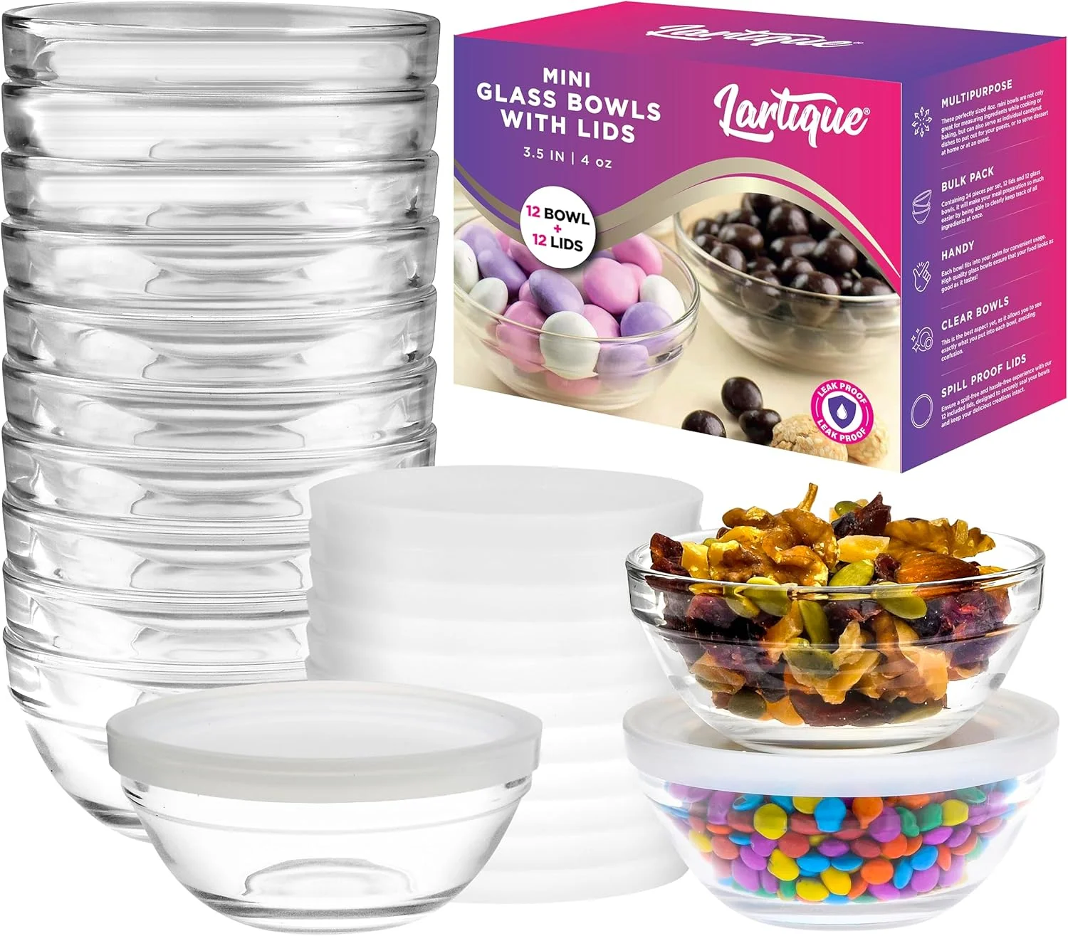 کاسه های شیشه ای کوچک 3.5 اینچی Lartique Mini با درب - کاسه های کوچک مناسب برای آماده سازی، دیپ، آجیل یا آبنبات - کاسه های آماده سازی غذا یا کاسه های دسر، مجموعه 12 عددی کاسه های شیشه ای کوچک 3.5 اینچی Lartique Mini با درب - کاسه های کوچک مناسب برای آماده سازی، دیپ، آجیل یا آبنبات - کاسه های آماده سازی غذا یا کاسه های دسر، مجموعه 12 عددی