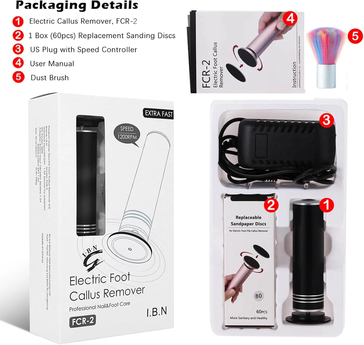 سوهان برقی پدیکور پا I·B·N G، ابزار حرفه ای سوهان برقی پا، سنگ پا و اسکرابر پا، ابزار پدیکور پاشنه پا برای پوست های ترک خورده، خشک و مرده، سرعت قابل تنظیم، 60 عدد دیسک سمباده، مشکی
