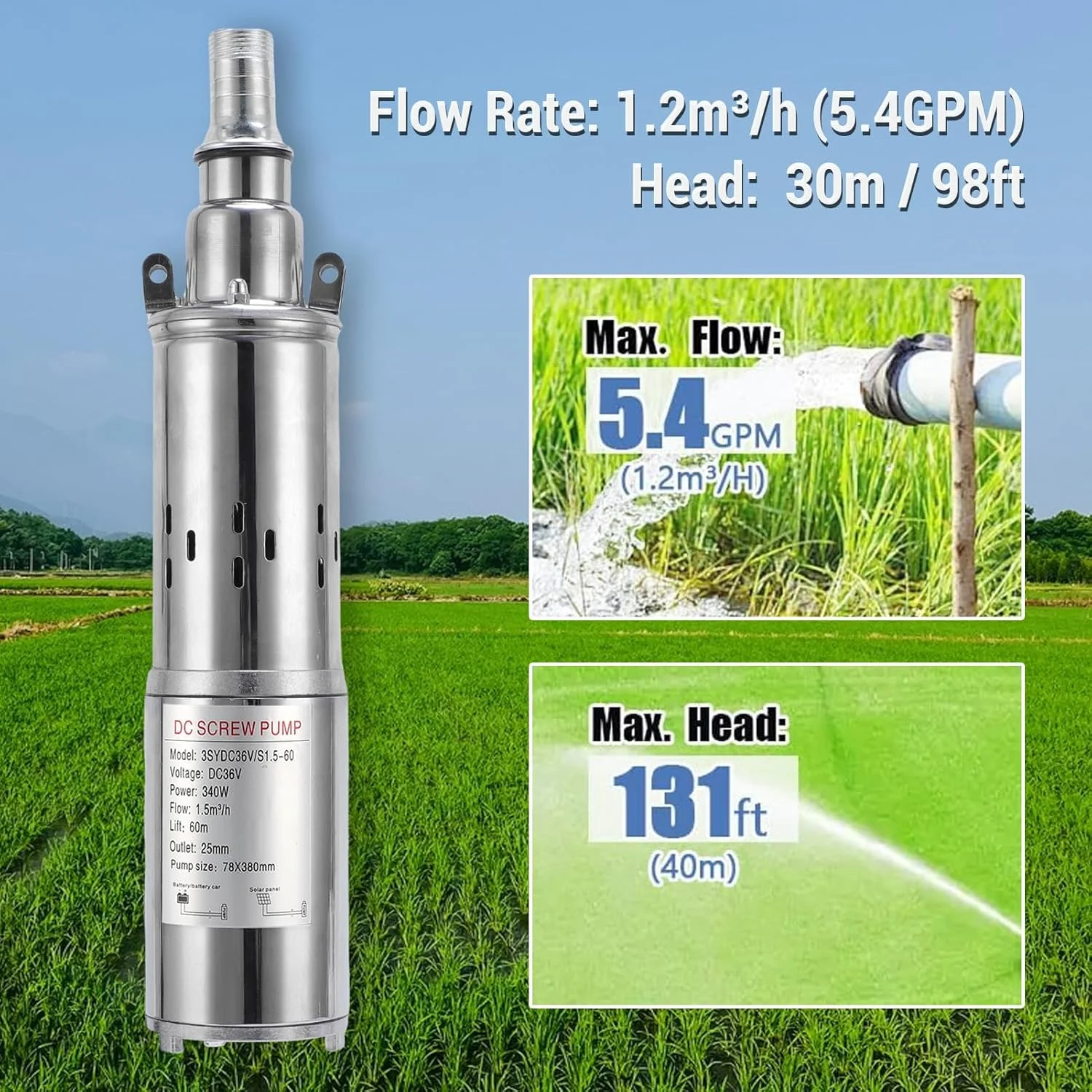 پمپ آب عمیق خورشیدی Banapoy، پمپ شناور استیل ضد زنگ 340 وات 6.6GPM با ارتفاع 196 فوت، پمپ آبیاری کشاورزی خورشیدی برای مصارف خانگی، مزرعه و صنعتی