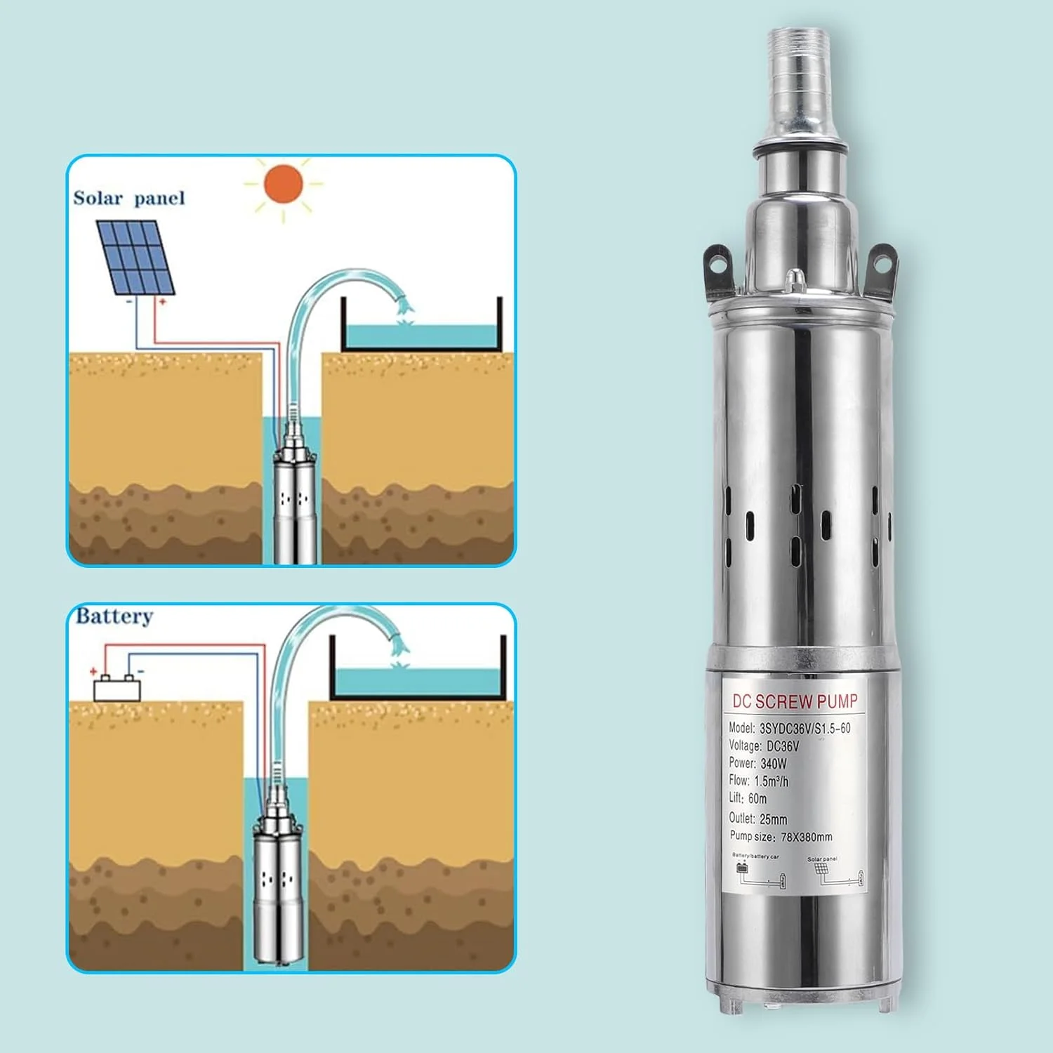 پمپ آب عمیق خورشیدی Banapoy، پمپ شناور استیل ضد زنگ 340 وات 6.6GPM با ارتفاع 196 فوت، پمپ آبیاری کشاورزی خورشیدی برای مصارف خانگی، مزرعه و صنعتی