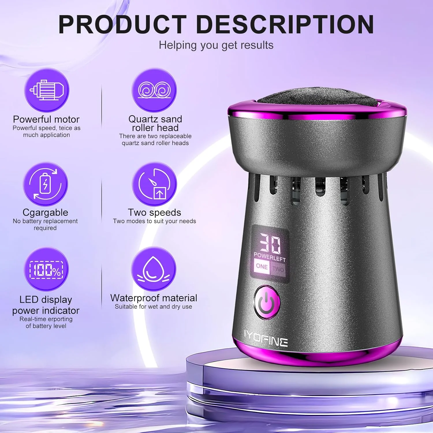 سوهان برقی پدیکور پا آیوفاین، ابزار پدیکور شارژی، دارای سری های استیل ضد زنگ برای پاشنه های خشک (خاکستری بنفش)