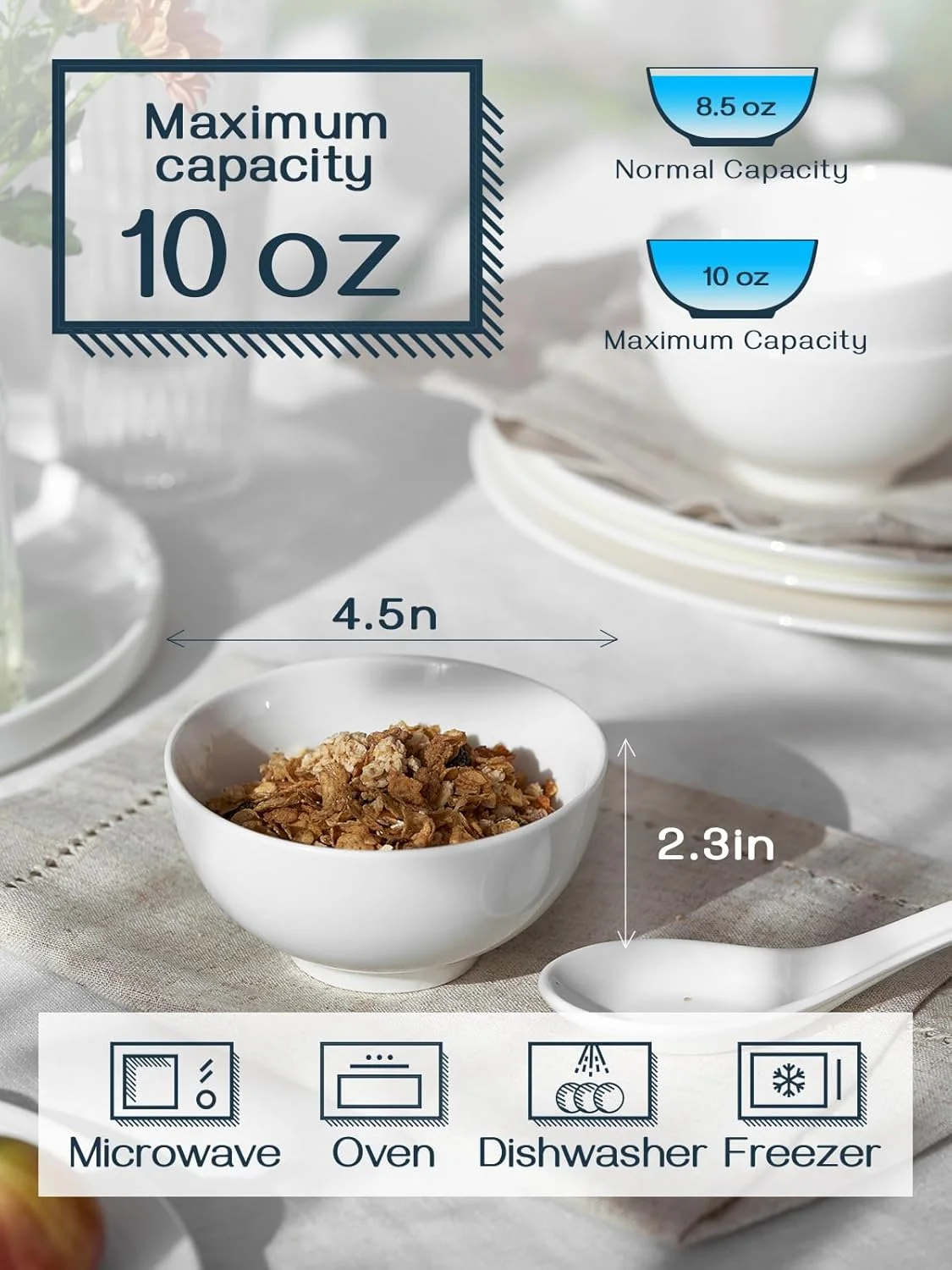 DOWAN کاسه های دسر کوچک 10 اونسی - ست 4 تایی کاسه های سرامیکی 4.5 اینچی برای مخلفات - کاسه های سفید برای بستنی، میوه، برنج، بلغور جو دوسر - قابل شستشو در ماشین ظرفشویی و استفاده در مایکروویو DOWAN کاسه های دسر کوچک 10 اونسی - ست 4 تایی کاسه های سرامیکی 4.5 اینچی برای مخلفات - کاسه های سفید برای بستنی، میوه، برنج، بلغور جو دوسر - قابل شستشو در ماشین ظرفشویی و استفاده در مایکروویو