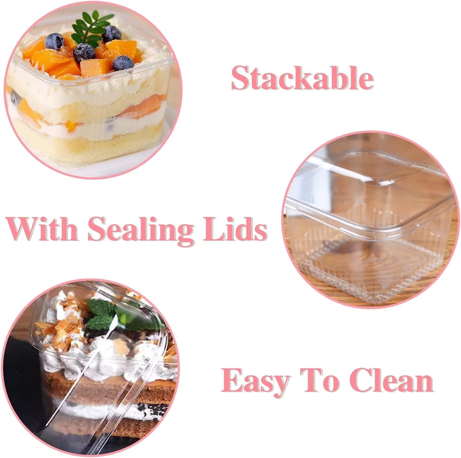 جعبه دسر NALACAL همراه با درب و قاشق چنگال، ظروف یکبار مصرف پلاستیکی کیک 8 اونسی مربعی برای میوه، پودینگ، موس، بستنی و کیک توت فرنگی (100 عدد)