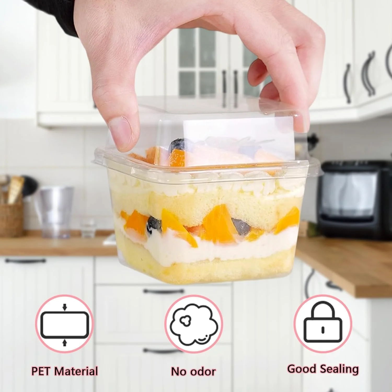 جعبه دسر NALACAL همراه با درب و قاشق چنگال، ظروف یکبار مصرف پلاستیکی کیک 8 اونسی مربعی برای میوه، پودینگ، موس، بستنی و کیک توت فرنگی (100 عدد)