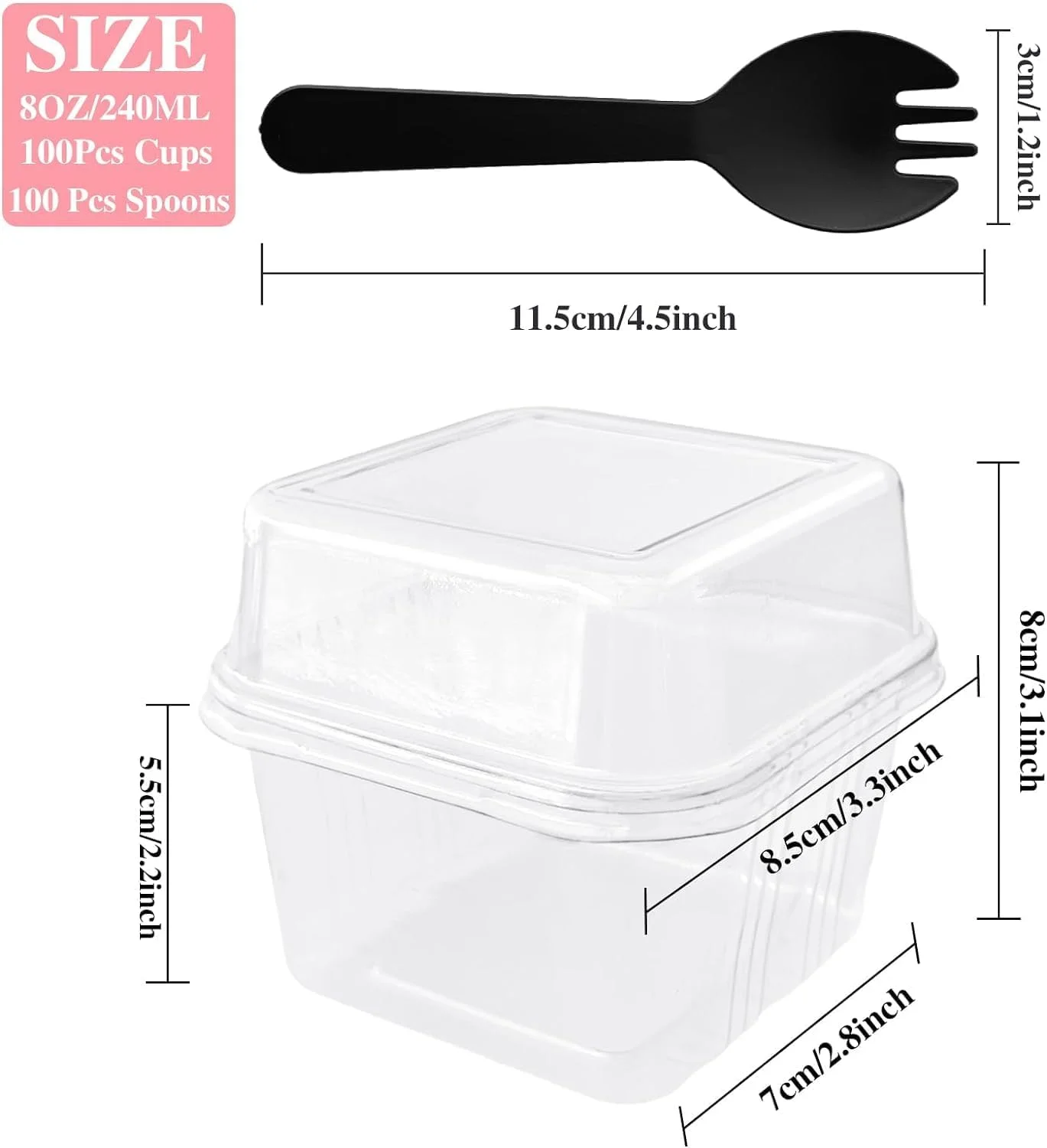 جعبه دسر NALACAL همراه با درب و قاشق چنگال، ظروف یکبار مصرف پلاستیکی کیک 8 اونسی مربعی برای میوه، پودینگ، موس، بستنی و کیک توت فرنگی (100 عدد)