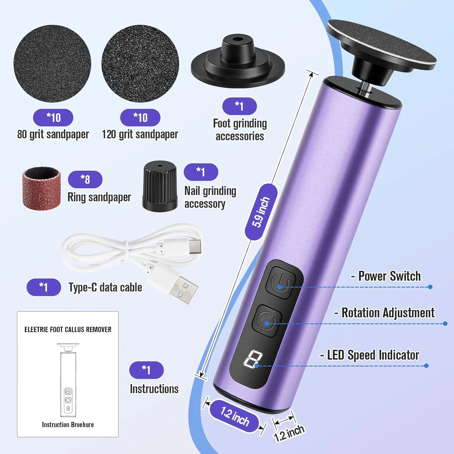 سوهان برقی پدیکور پا اینلیسی، قابل شارژ، سوهان پا 900 دور در دقیقه برای پوست مرده و پاشنه پا، 9 سرعت قابل تنظیم، سمباده پدیکور حرفه ای پا با دیسک (بنفش)