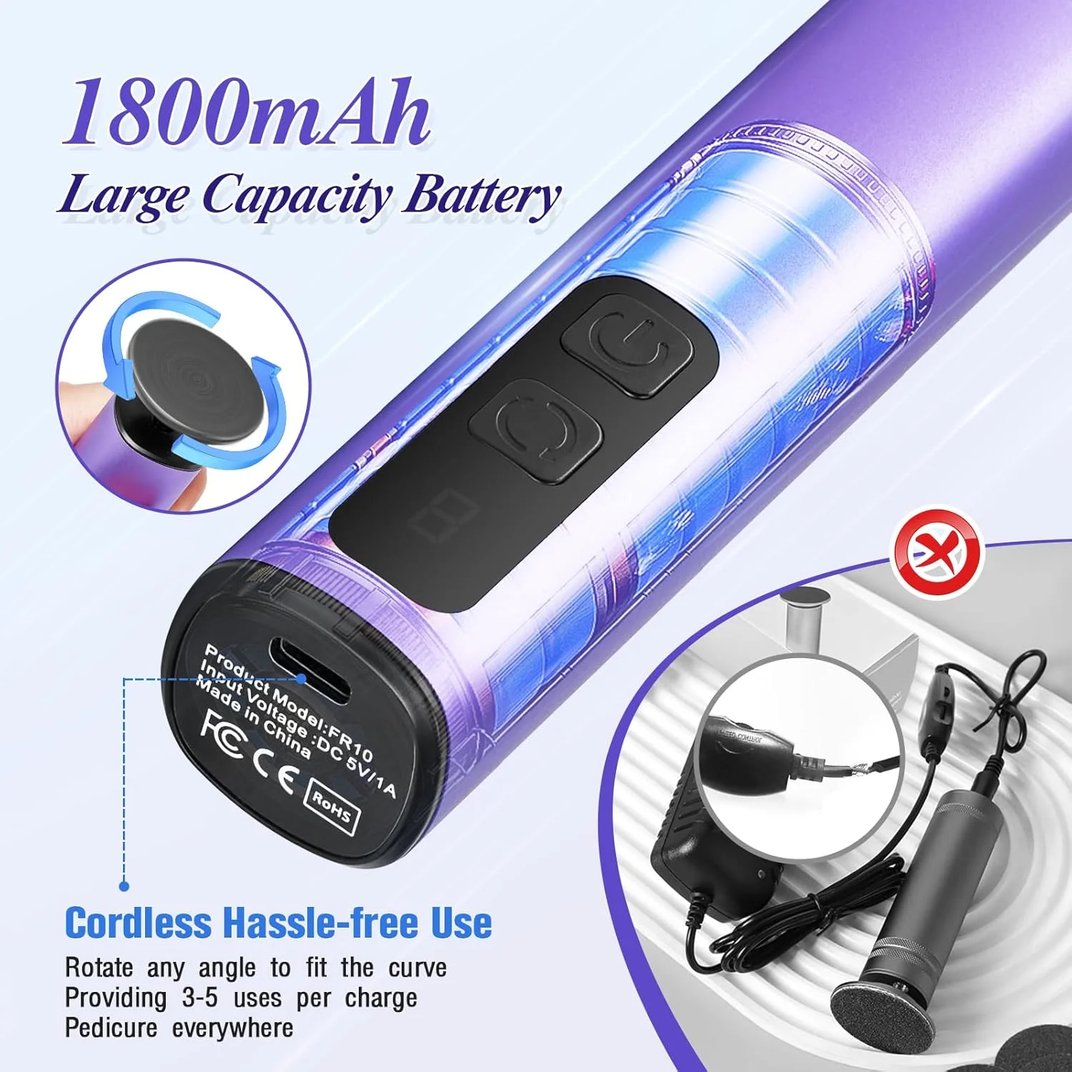 سوهان برقی پدیکور پا اینلیسی، قابل شارژ، سوهان پا 900 دور در دقیقه برای پوست مرده و پاشنه پا، 9 سرعت قابل تنظیم، سمباده پدیکور حرفه ای پا با دیسک (بنفش)