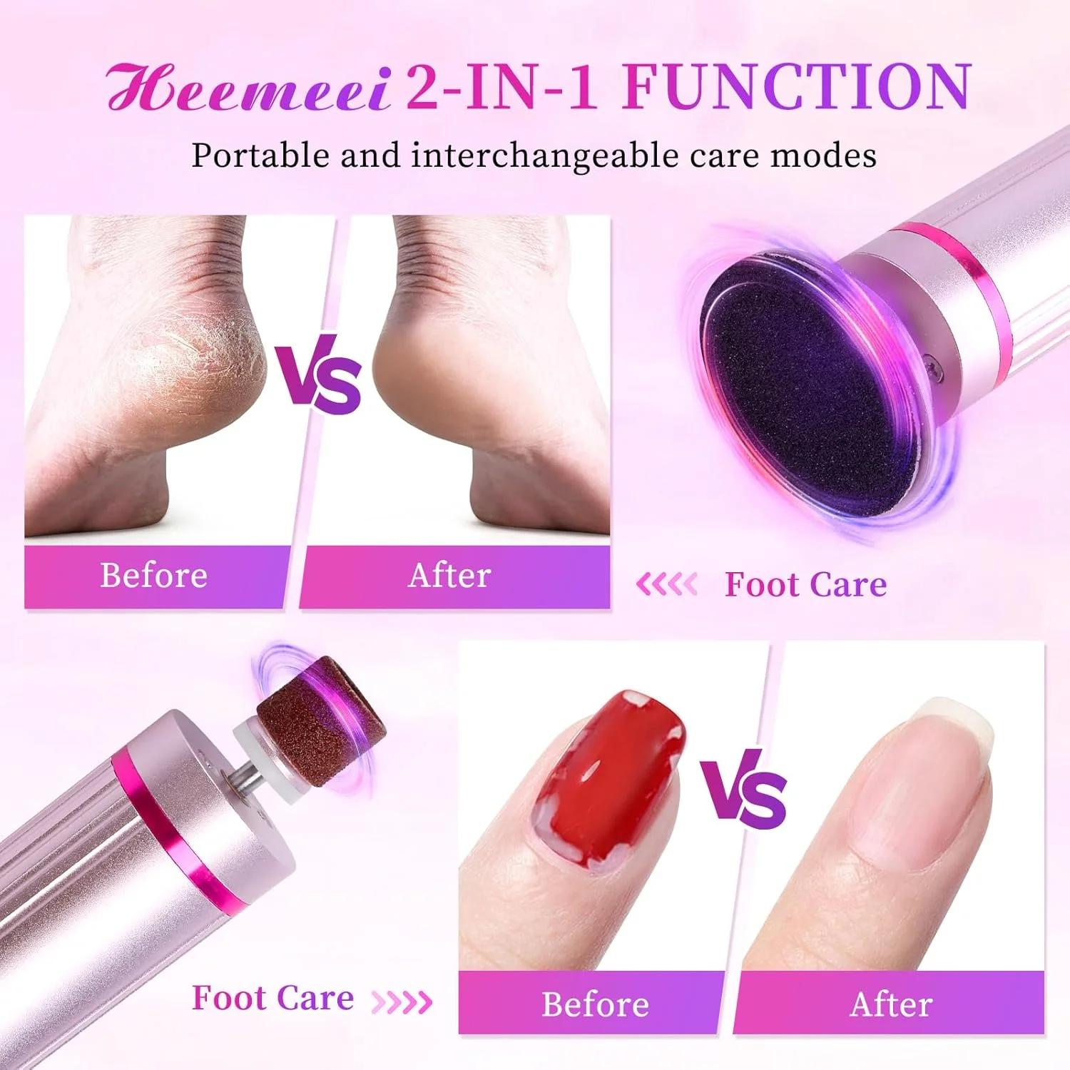 سوهان برقی پینه پا heemeei، سوهان برقی شارژی 2 در 1 برای پا با دیسک های سمباده ای و سرهای سنگ زنی، سوهان برقی قابل تنظیم 9 سرعته برای پا، ابزار پدیکور (صورتی)