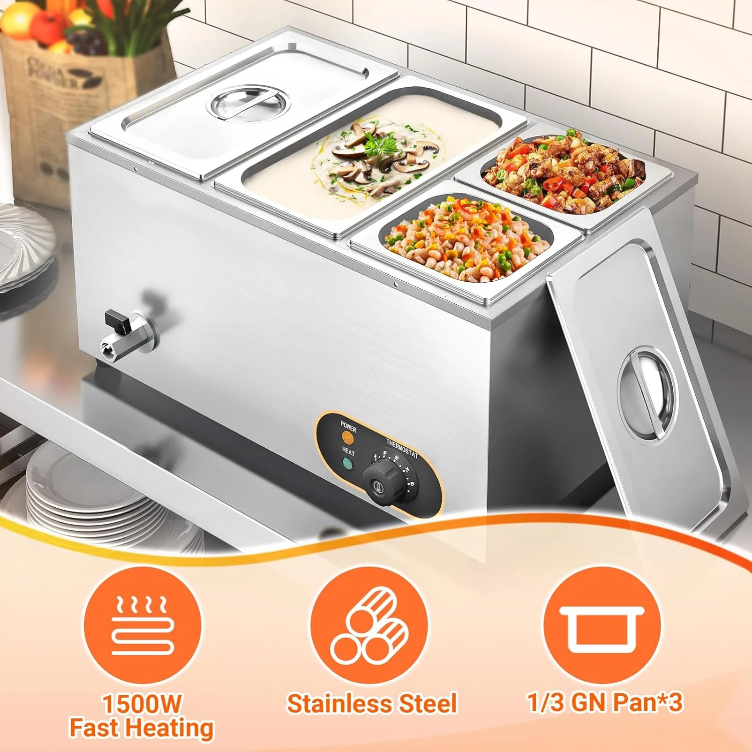 بین ماری برقی استیل موتاکو با تخلیه، 2 عدد ظرف GN 1/3 + 2 عدد ظرف GN 1/6 با درب، گرمکن بوفه، کنترل دمای قابل تنظیم 30 تا 85 درجه سانتیگراد بین ماری برقی استیل موتاکو با تخلیه، 2 عدد ظرف GN 1/3 + 2 عدد ظرف GN 1/6 با درب، گرمکن بوفه، کنترل دمای قابل تنظیم 30 تا 85 درجه سانتیگراد