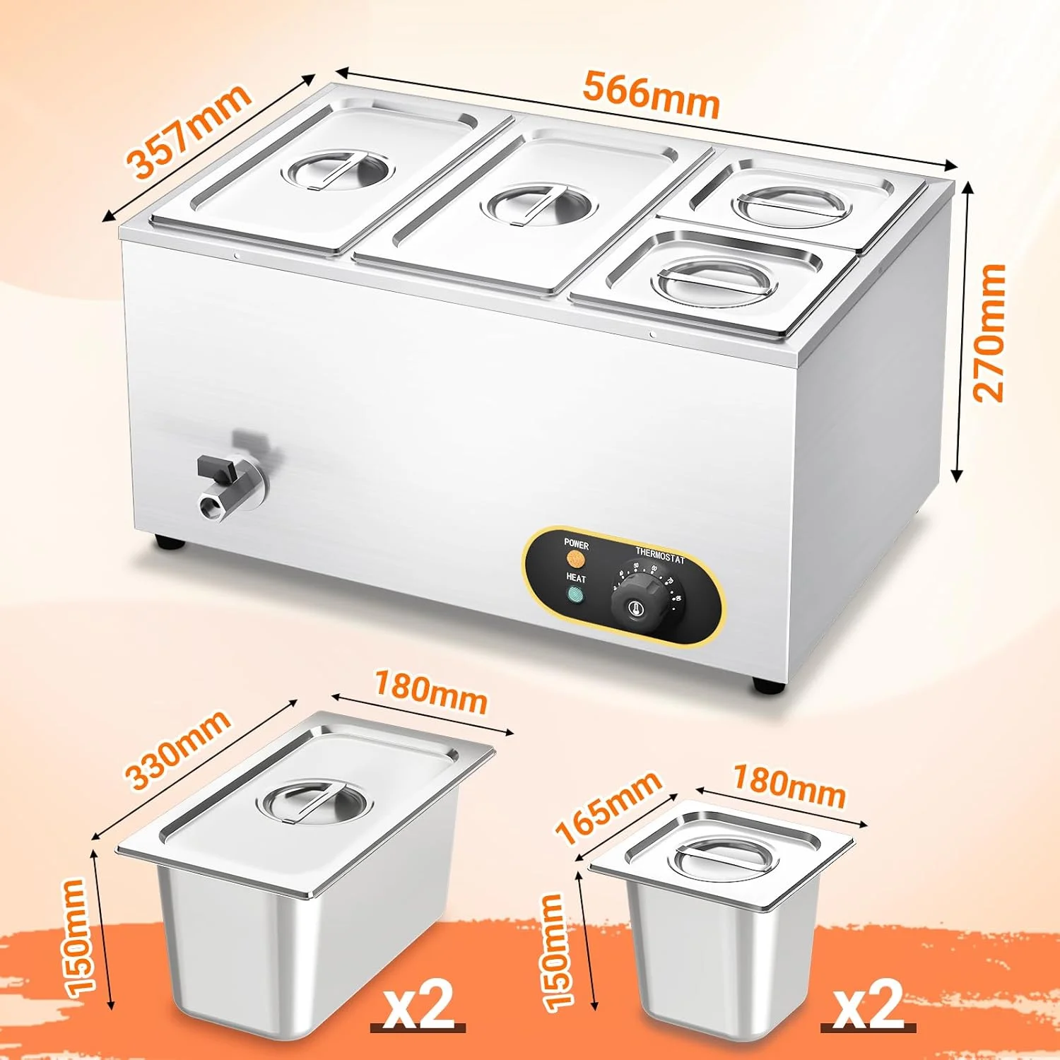 بین ماری برقی استیل موتاکو با تخلیه، 2 عدد ظرف GN 1/3 + 2 عدد ظرف GN 1/6 با درب، گرمکن بوفه، کنترل دمای قابل تنظیم 30 تا 85 درجه سانتیگراد بین ماری برقی استیل موتاکو با تخلیه، 2 عدد ظرف GN 1/3 + 2 عدد ظرف GN 1/6 با درب، گرمکن بوفه، کنترل دمای قابل تنظیم 30 تا 85 درجه سانتیگراد