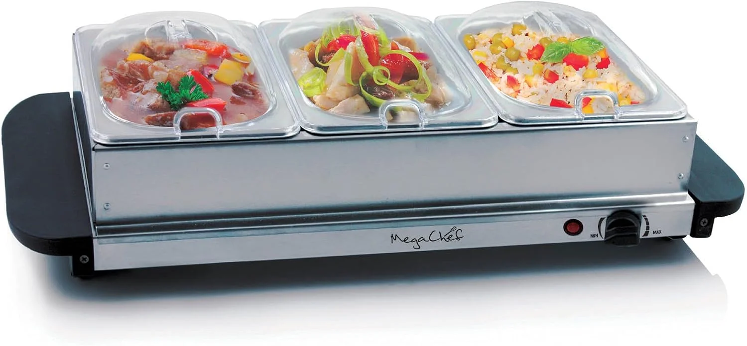 MegaChef Buffet Server & Food Warmer With 3 Removable Sectional Trays, Heated Warming Tray and Removable Tray Frame MegaChef Buffet Server & Food Warmer With 3 Removable Sectional Trays, Heated Warming Tray and Removable Tray Frame