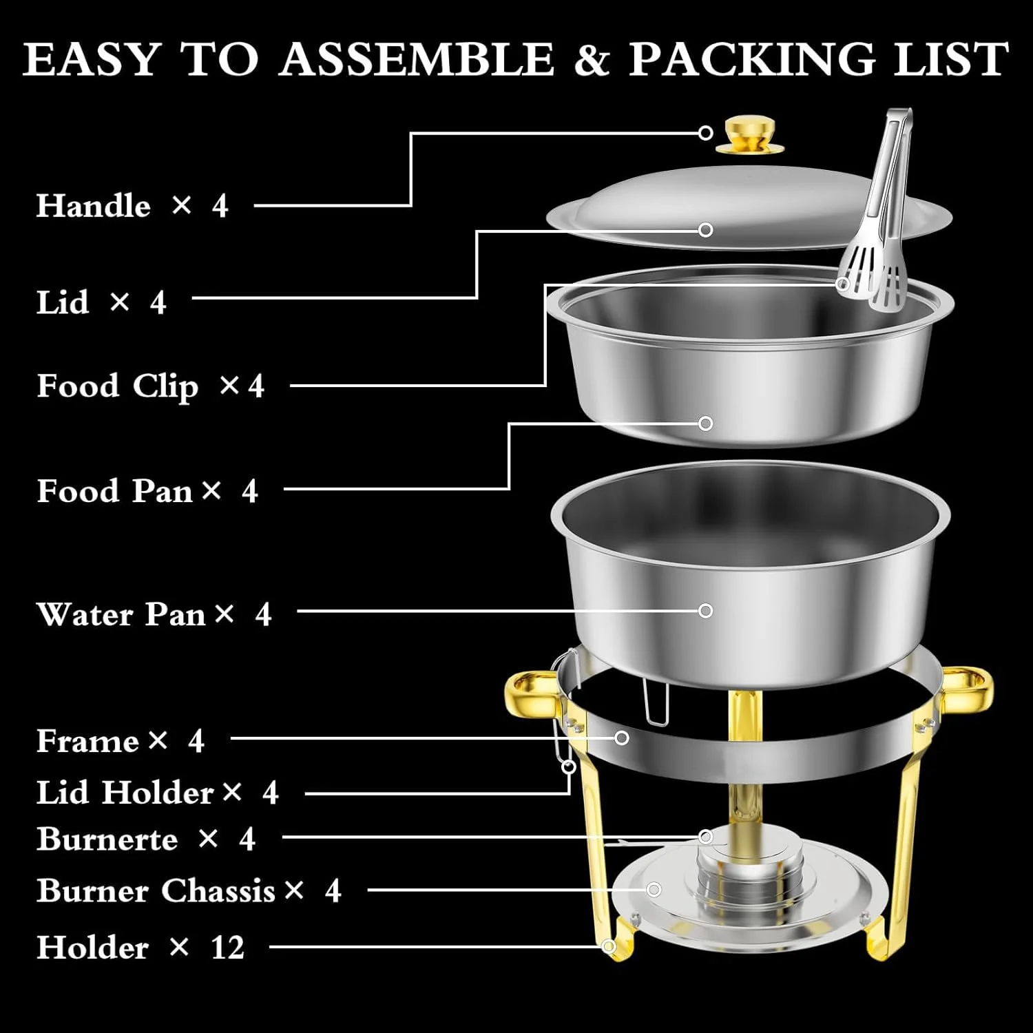 ظروف گرم نگهدارنده غذا میسفانی 5 کوارت، بسته 4 عددی، ظروف گرد گرم نگهدارنده غذا برای بوفه [رنگ های طلایی و نقره ای شیک] ست بوفه ظرف گرم نگهدارنده غذا استیل ضد زنگ برای هر مهمانی (4 عدد)