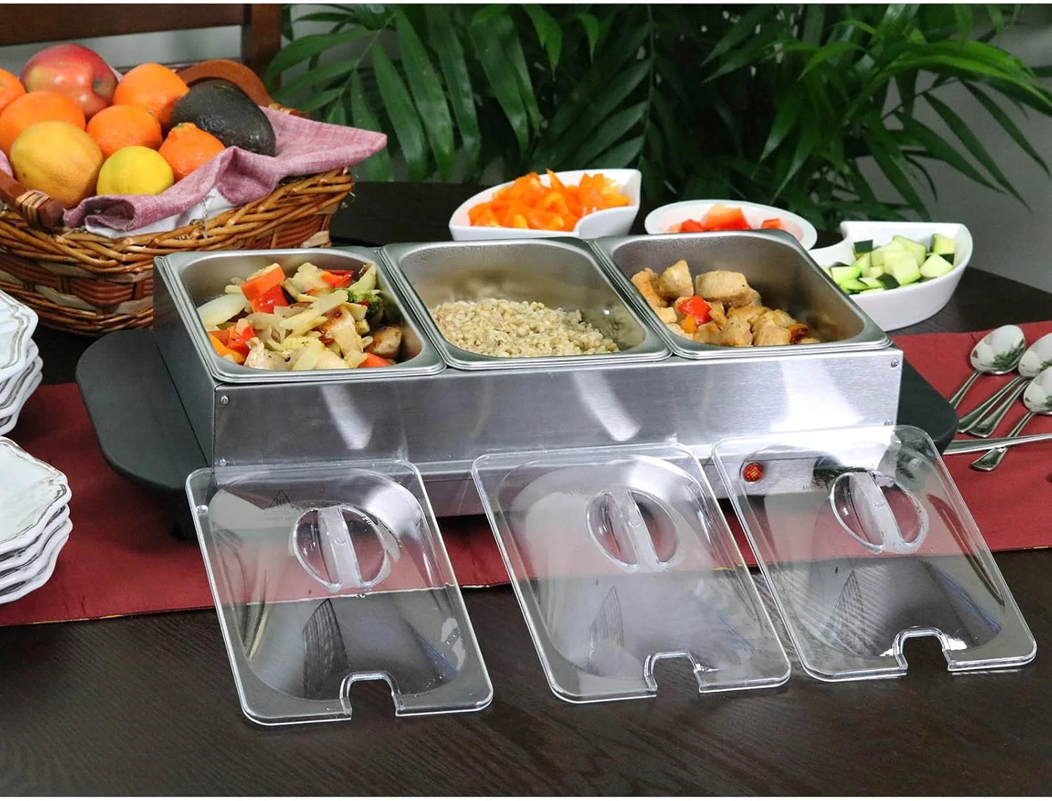 MegaChef Buffet Server & Food Warmer With 3 Removable Sectional Trays, Heated Warming Tray and Removable Tray Frame MegaChef Buffet Server & Food Warmer With 3 Removable Sectional Trays, Heated Warming Tray and Removable Tray Frame