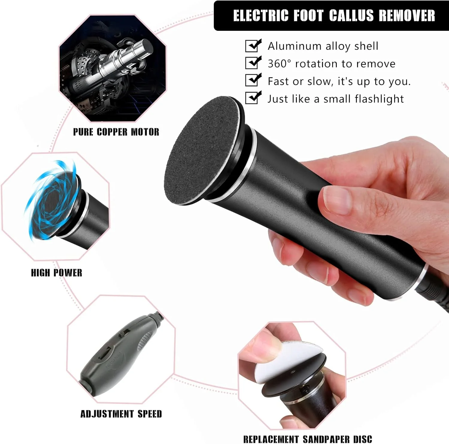 سوهان برقی پا HANNAH.QI، از بین برنده پینه پا، ابزار حرفه ای پدیکور، سرعت قابل تنظیم، 60 عدد دیسک سمباده تعویضی، حذف آسان پوست مرده و پینه (مشکی 60 عدد) سوهان برقی پا HANNAH.QI، از بین برنده پینه پا، ابزار حرفه ای پدیکور، سرعت قابل تنظیم، 60 عدد دیسک سمباده تعویضی، حذف آسان پوست مرده و پینه (مشکی 60 عدد)