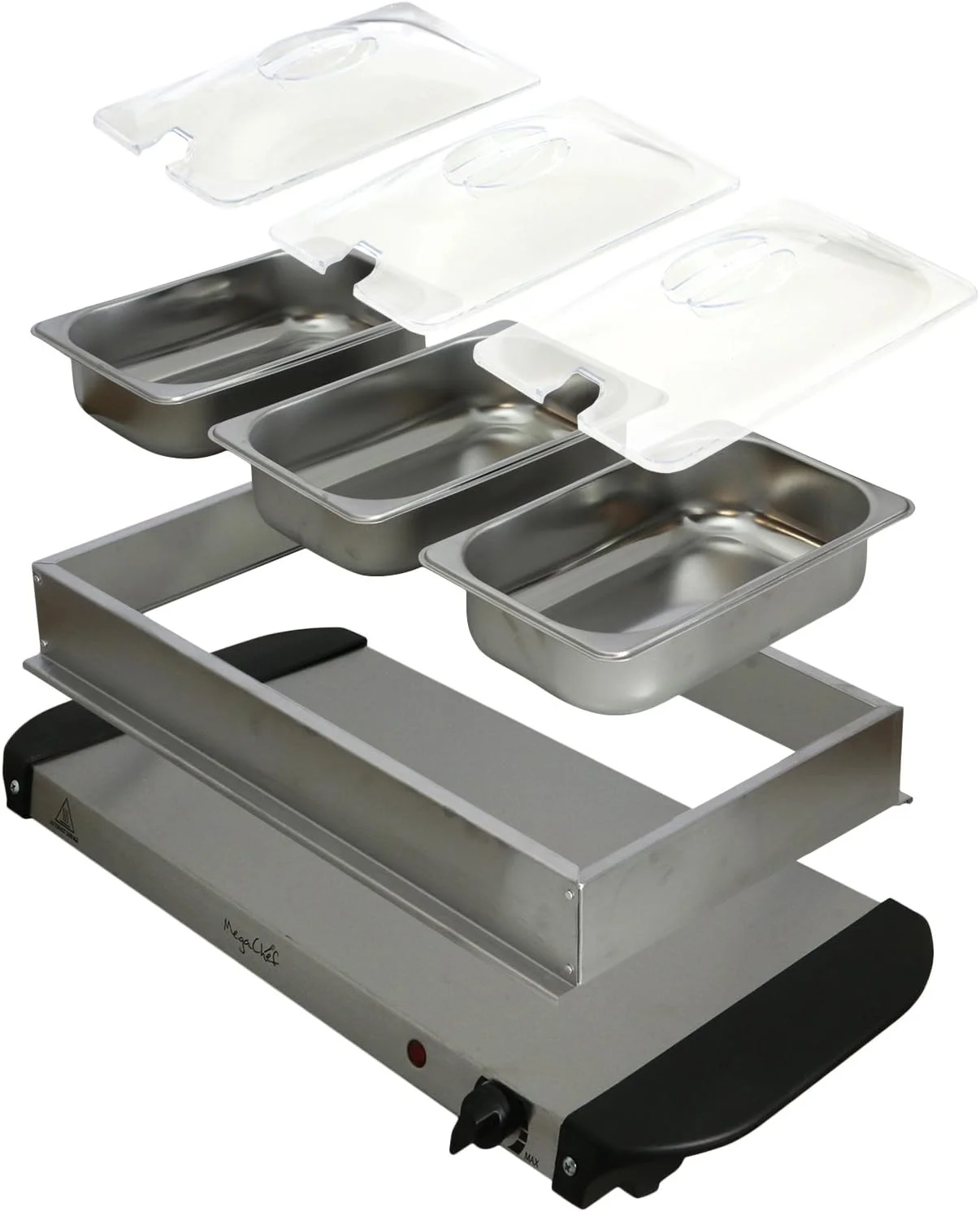 MegaChef Buffet Server & Food Warmer With 3 Removable Sectional Trays, Heated Warming Tray and Removable Tray Frame MegaChef Buffet Server & Food Warmer With 3 Removable Sectional Trays, Heated Warming Tray and Removable Tray Frame