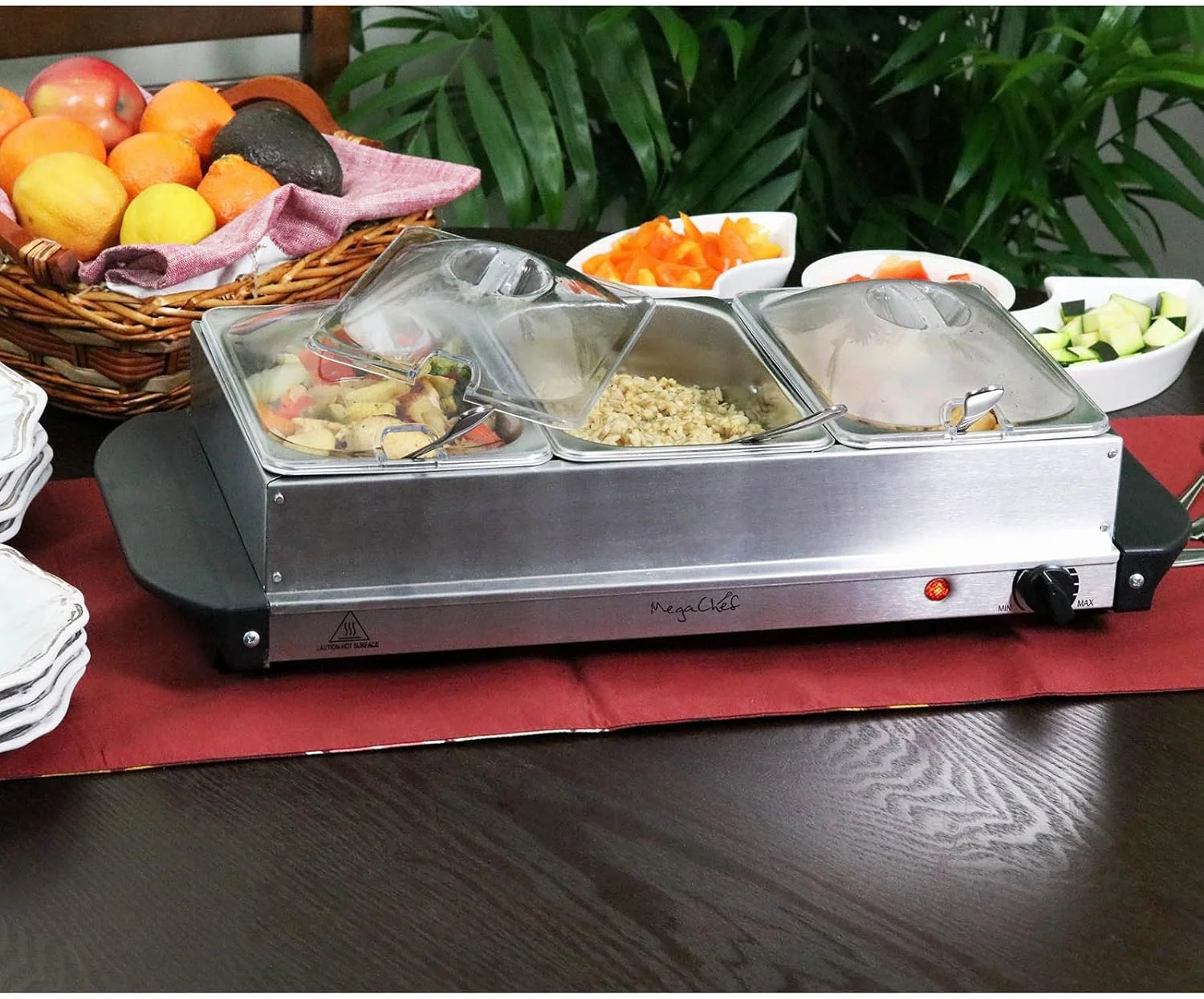 MegaChef Buffet Server & Food Warmer With 3 Removable Sectional Trays, Heated Warming Tray and Removable Tray Frame MegaChef Buffet Server & Food Warmer With 3 Removable Sectional Trays, Heated Warming Tray and Removable Tray Frame