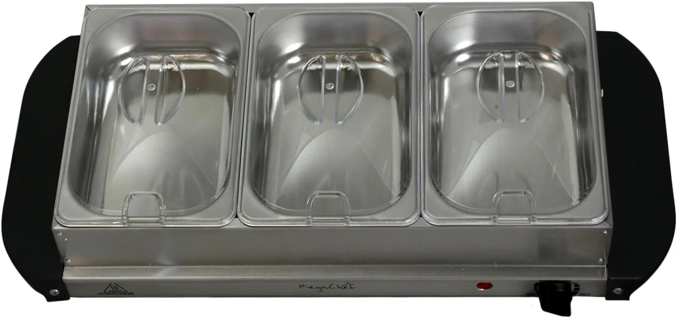 MegaChef Buffet Server & Food Warmer With 3 Removable Sectional Trays, Heated Warming Tray and Removable Tray Frame MegaChef Buffet Server & Food Warmer With 3 Removable Sectional Trays, Heated Warming Tray and Removable Tray Frame