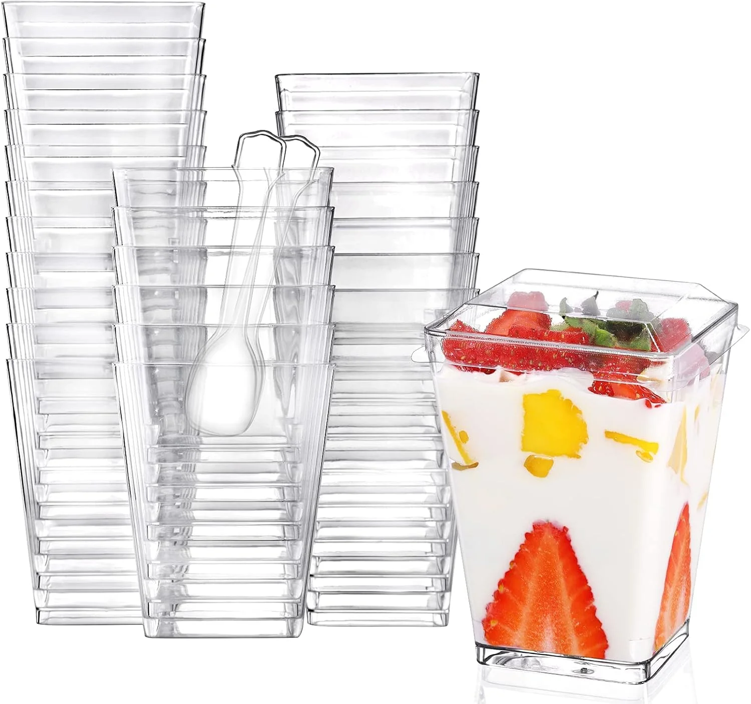 ظروف دسر پلاستیکی به همراه درب و قاشق پلاستیکی، بسته 50 عددی ظروف پیش غذا مربعی کوچک پلاستیکی شفاف مناسب مهمانی، پودینگ مینی دسر، موس 5 اونس ظروف دسر پلاستیکی به همراه درب و قاشق پلاستیکی، بسته 50 عددی ظروف پیش غذا مربعی کوچک پلاستیکی شفاف مناسب مهمانی، پودینگ مینی دسر، موس 5 اونس