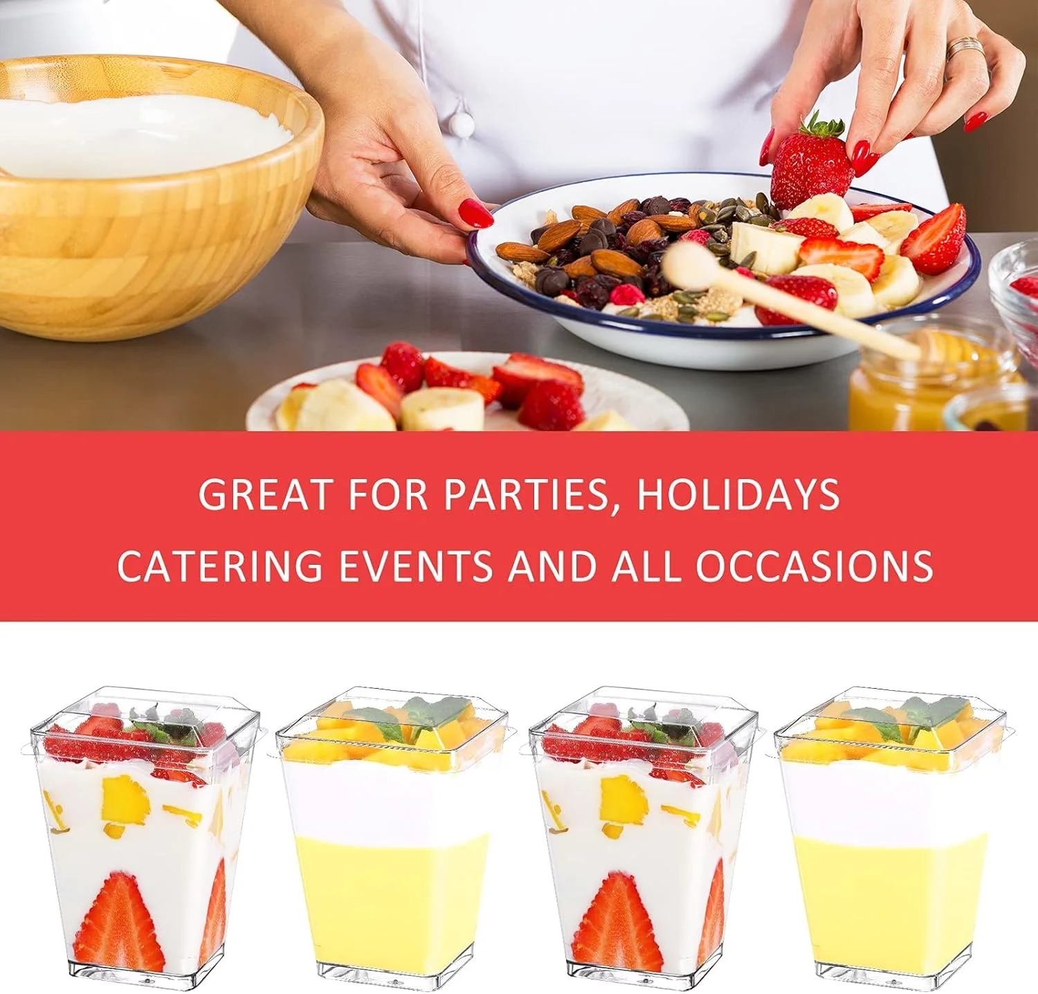 ظروف دسر پلاستیکی به همراه درب و قاشق پلاستیکی، بسته 50 عددی ظروف پیش غذا مربعی کوچک پلاستیکی شفاف مناسب مهمانی، پودینگ مینی دسر، موس 5 اونس ظروف دسر پلاستیکی به همراه درب و قاشق پلاستیکی، بسته 50 عددی ظروف پیش غذا مربعی کوچک پلاستیکی شفاف مناسب مهمانی، پودینگ مینی دسر، موس 5 اونس