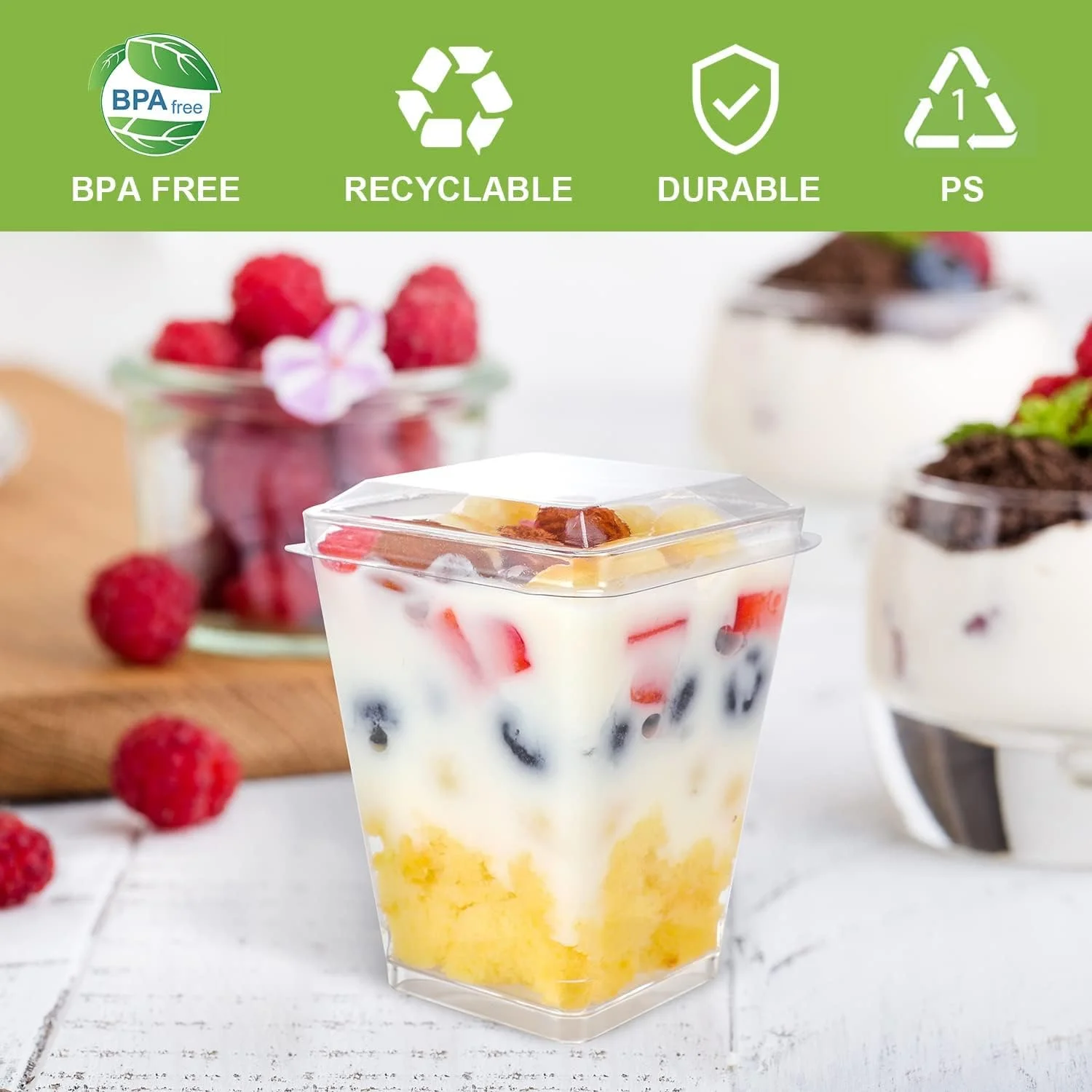 ظروف دسر پلاستیکی به همراه درب و قاشق پلاستیکی، بسته 50 عددی ظروف پیش غذا مربعی کوچک پلاستیکی شفاف مناسب مهمانی، پودینگ مینی دسر، موس 5 اونس ظروف دسر پلاستیکی به همراه درب و قاشق پلاستیکی، بسته 50 عددی ظروف پیش غذا مربعی کوچک پلاستیکی شفاف مناسب مهمانی، پودینگ مینی دسر، موس 5 اونس