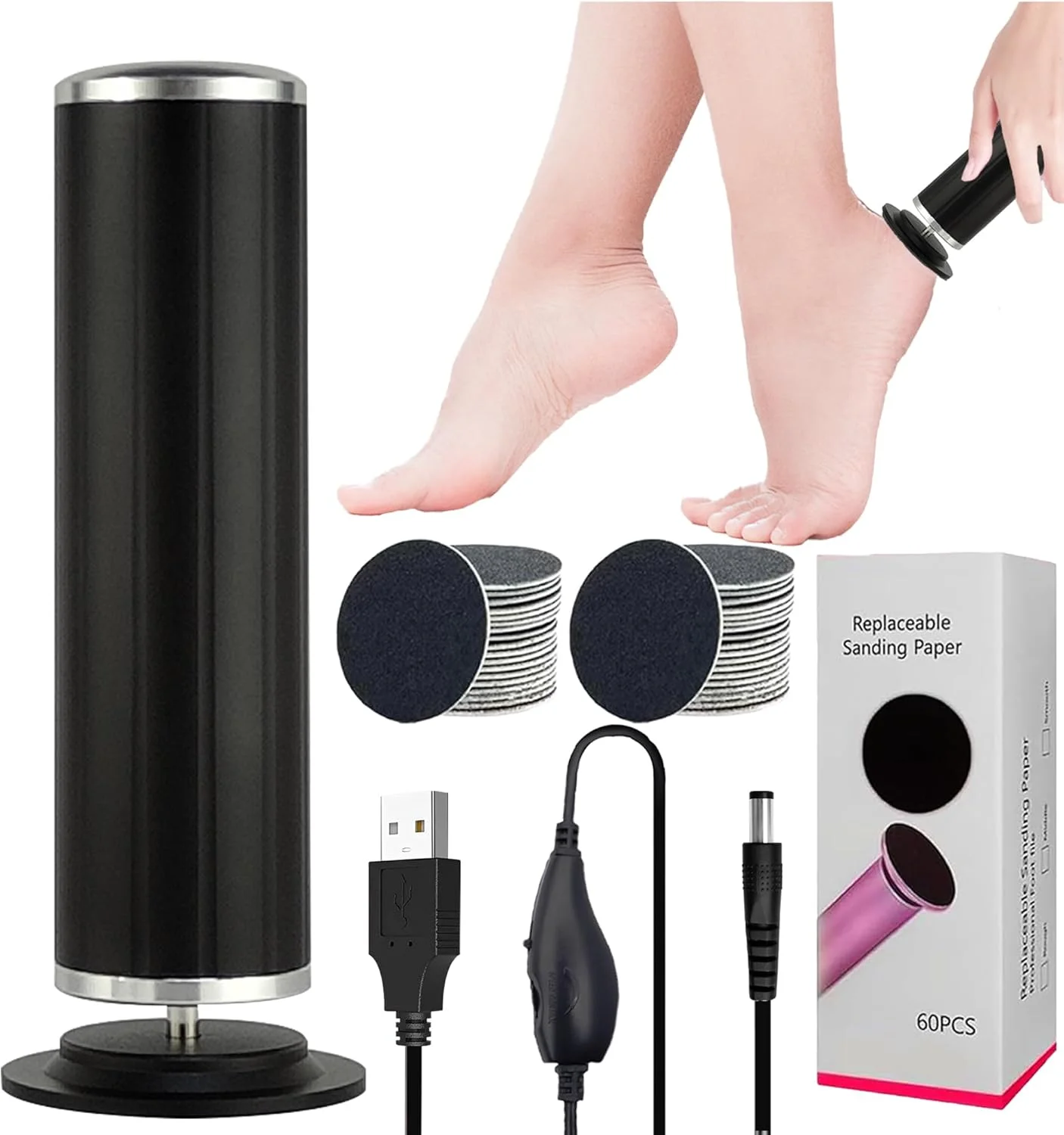 سوهان برقی پدیکور LiQiAMEi، منبع تغذیه USB، سوهان برقی پا با کنترل سرعت و 60 عدد دیسک سمباده یدکی برای پوست مرده و کوتیکول، مشکی